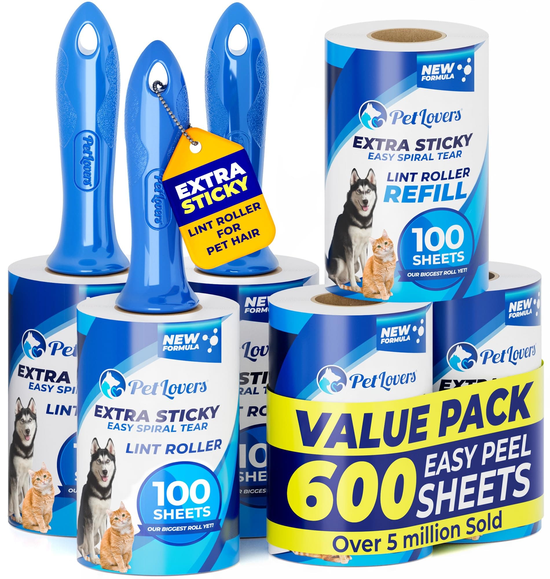Extra Sticky Lint Roller Mega Value Set 600 Sheets for Pet Hair Removal, Dog and Cat Lint Remover 6 Pack