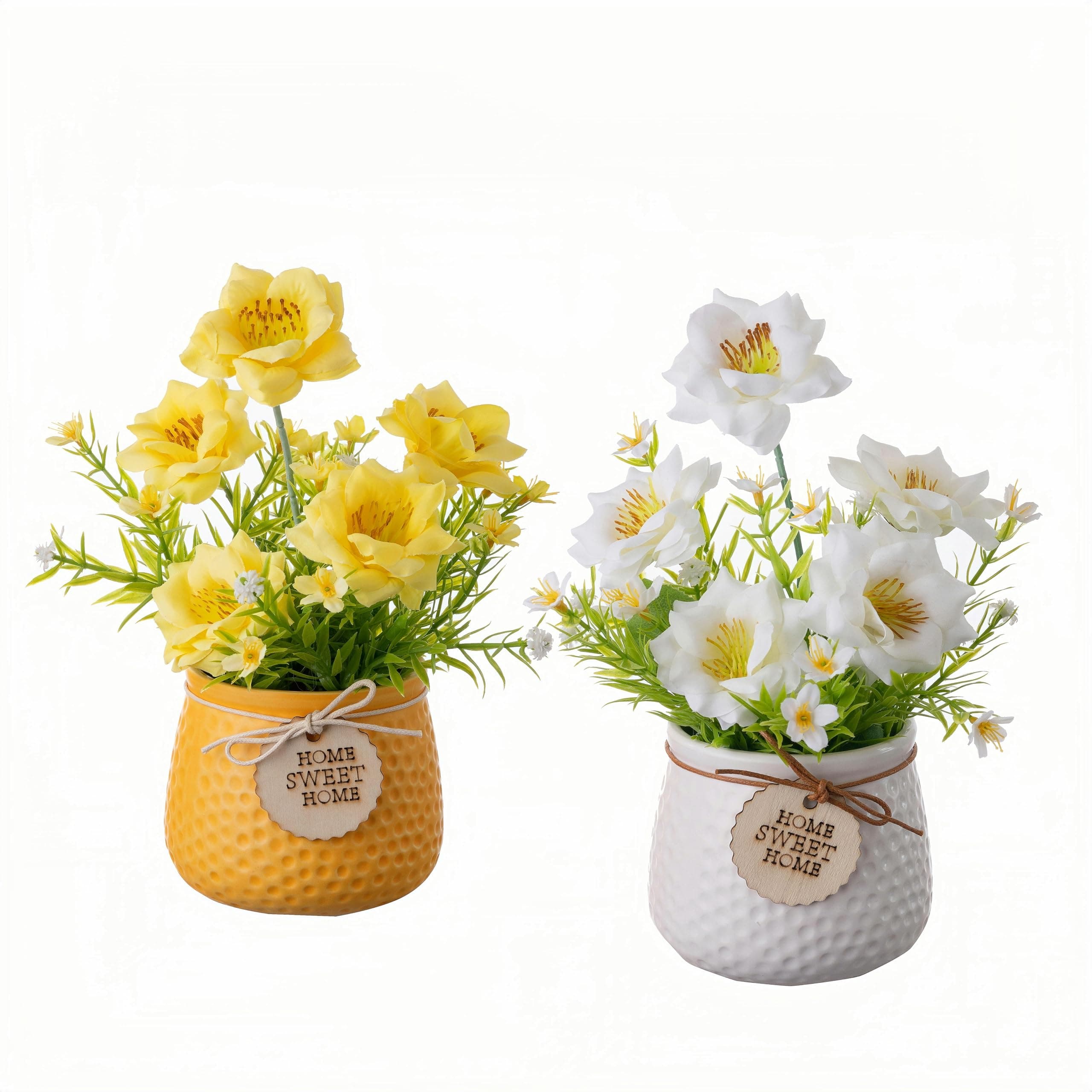 LUEUR Artificial Rose Flower with Small Ceramic Pot Spring Decor Fake Silk Variety Flower in Pot Decoration for Table Home Party Office Wedding Yellow and White Color