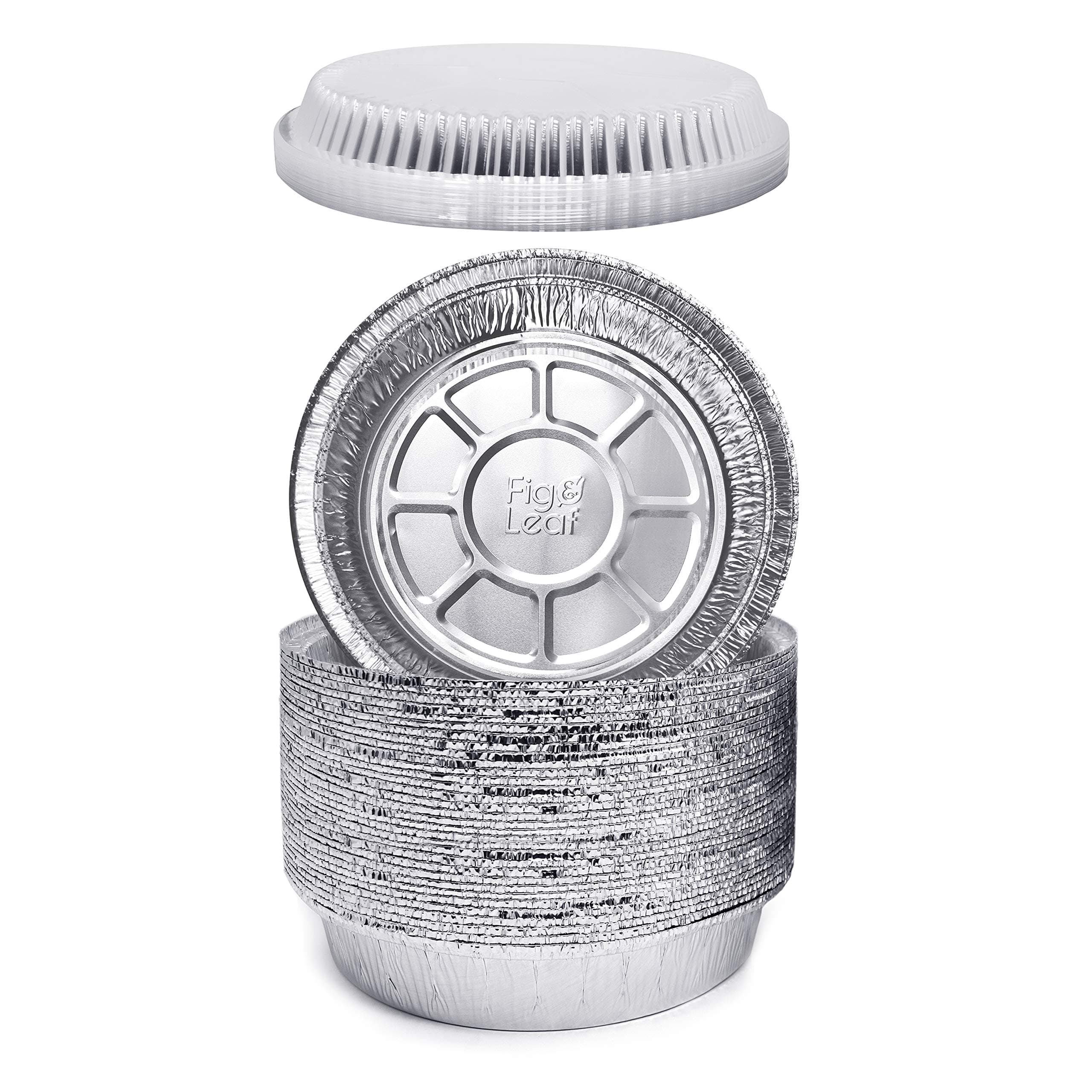 Fig & Leaf (45 Pack) Premium 9-Inch Round Foil Pans with Plastic Dome LIDS l Heavy Duty l Disposable Aluminum Tin for Roasting, Baking, Cake or Cooking