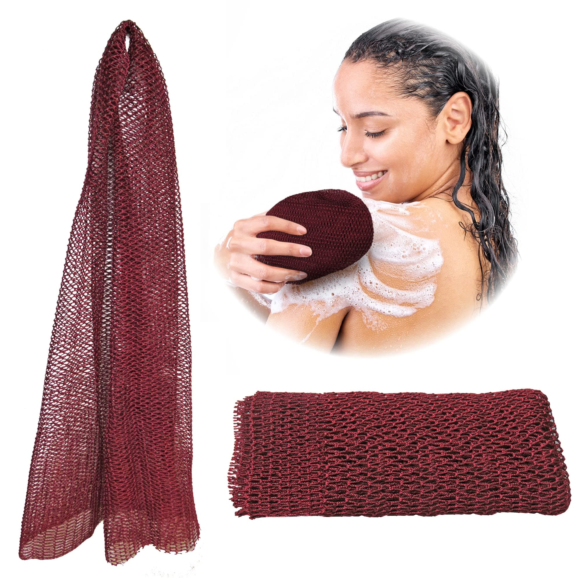 Adeton African Net Sponge, Authentic, Real, Black Owned, Exfoliating Bath Wash Cloth, Net Sponge, Body Exfoliator, Sapo, Shower Bath Accessories, Back Foot Scalp Scrub, Dead Skin Remover (Burgundy)