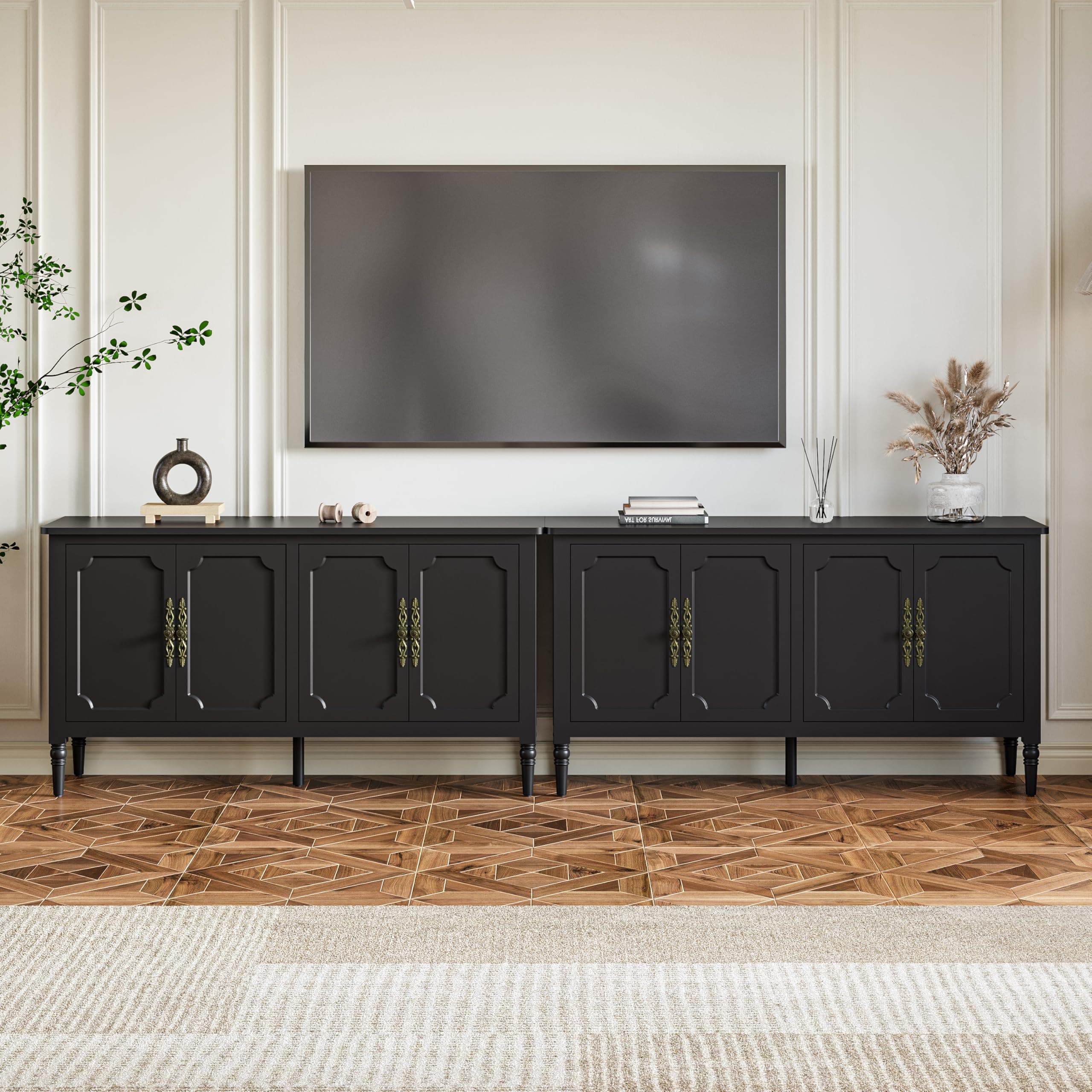 RoyalCraft Buffet Sideboard Table 2 pcs, 59'' Mid Century Modern Console Table, Media Cabinet with 4 Doors, Accent Cabinet Wood Sideboard, for Entryway, Living Room, Dining Room, Satin Black
