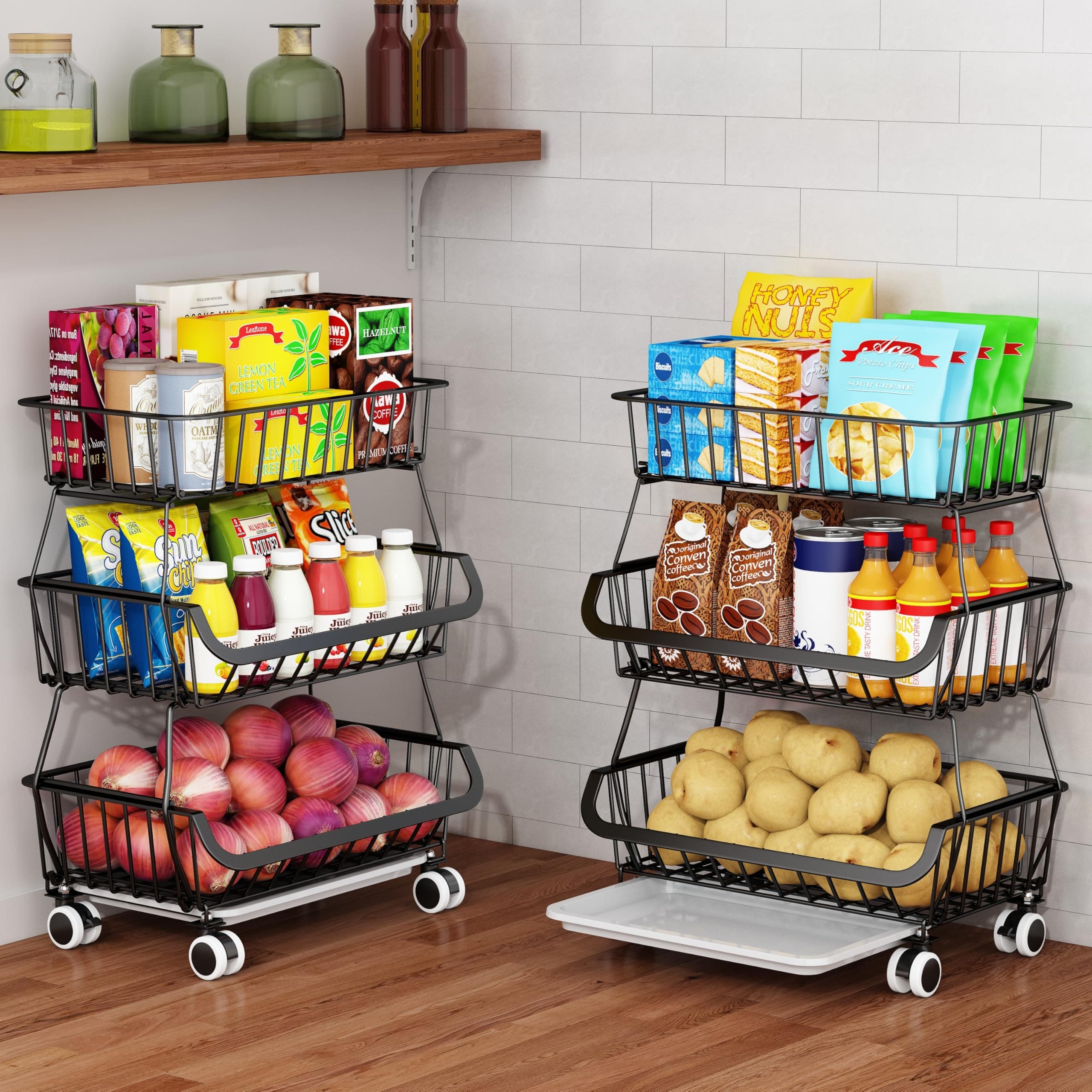 3-Tier Rolling Pantry Floor Organizer, Stackable Pantry Storage Cart with Wheels, Metal Wire Pantry Baskets, Kitchen Fruit Basket Stand, Vegetable Storage Rack for Fruits Snacks Onions Potatoes,1 Pack