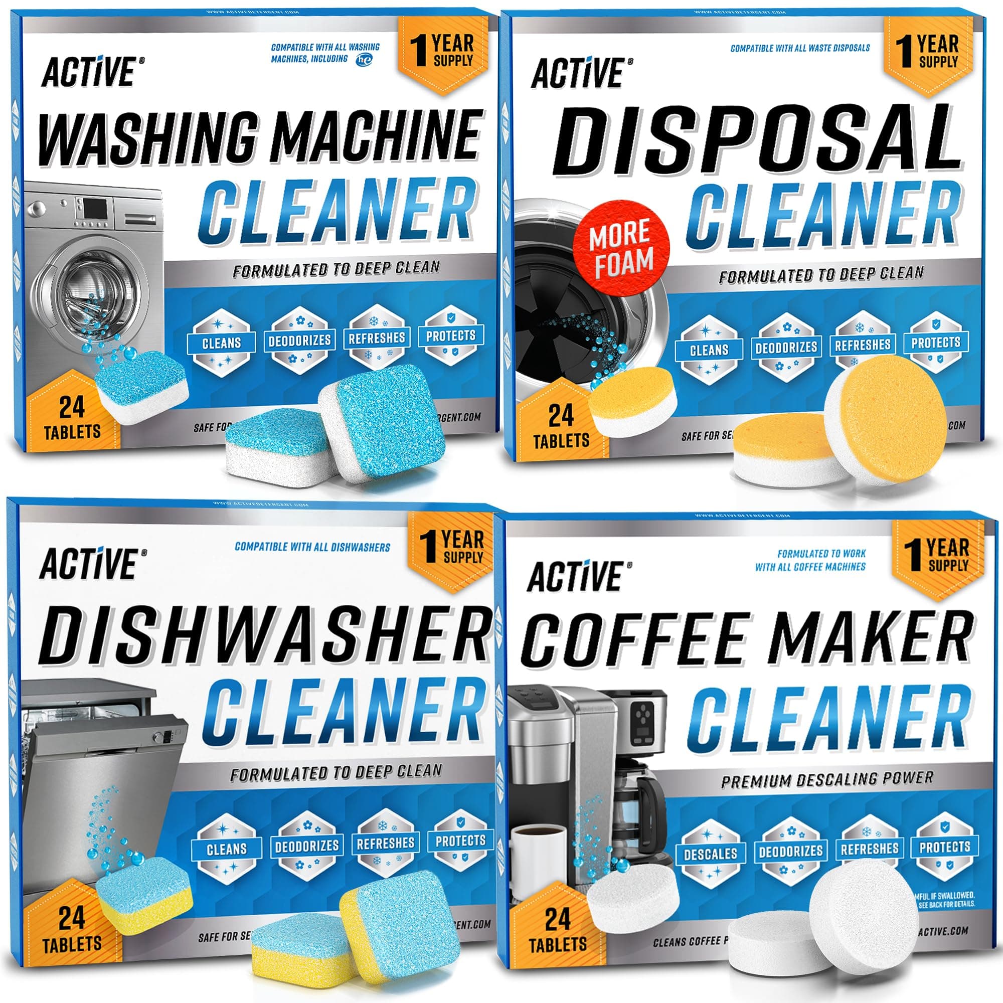 ACTIVE Washer Dishwasher Disposal & Coffee Cleaner Tablets - 96 Tabs Includes Washing Machine Cleaner, Dishwasher, Disposer, Coffee Maker Descale Tabs - Deep Clean & Refresh Appliance - 1 Year Supply