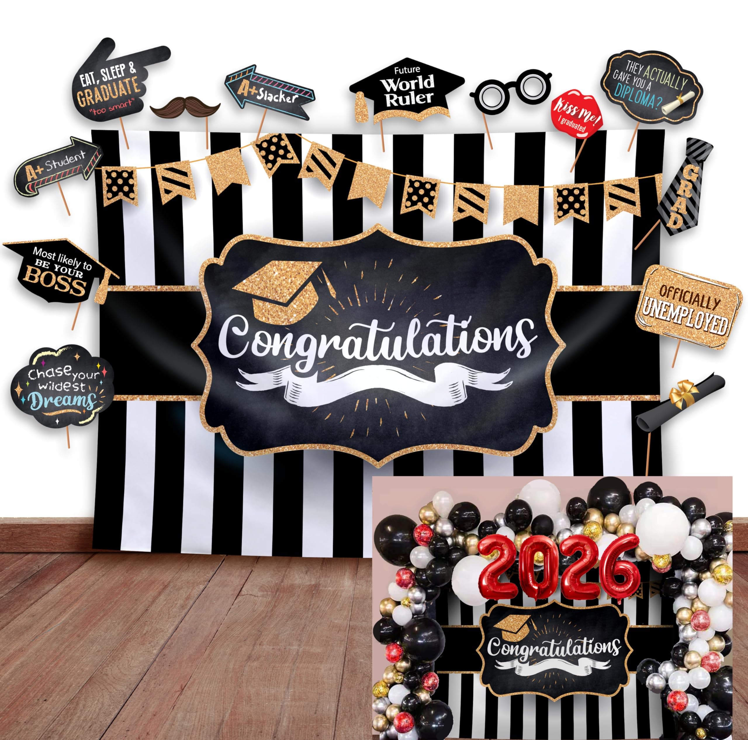 2026 Graduation Party Backdrop - Classy Black, White and Gold Theme Photography Fabric Backdrop and Studio Props DIY Kit. Great as Photo Booth Background Party Supplies and Prom Banner Decorations