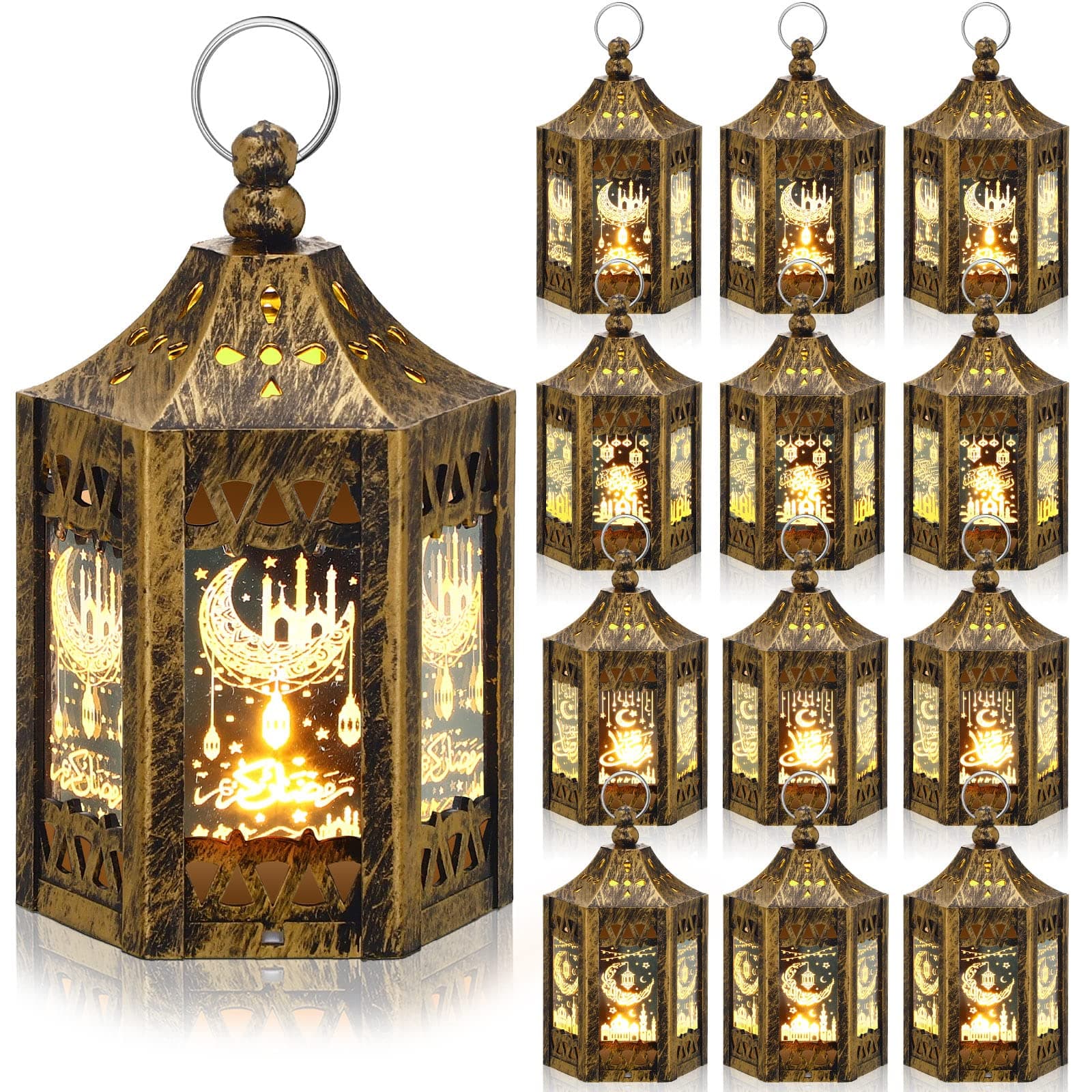 Hoolerry 12 Pcs Ramadan Lanterns 4.3'' LED Eid Lights Bronze Hanging Decorations for Home Wall Eid Table Centerpieces