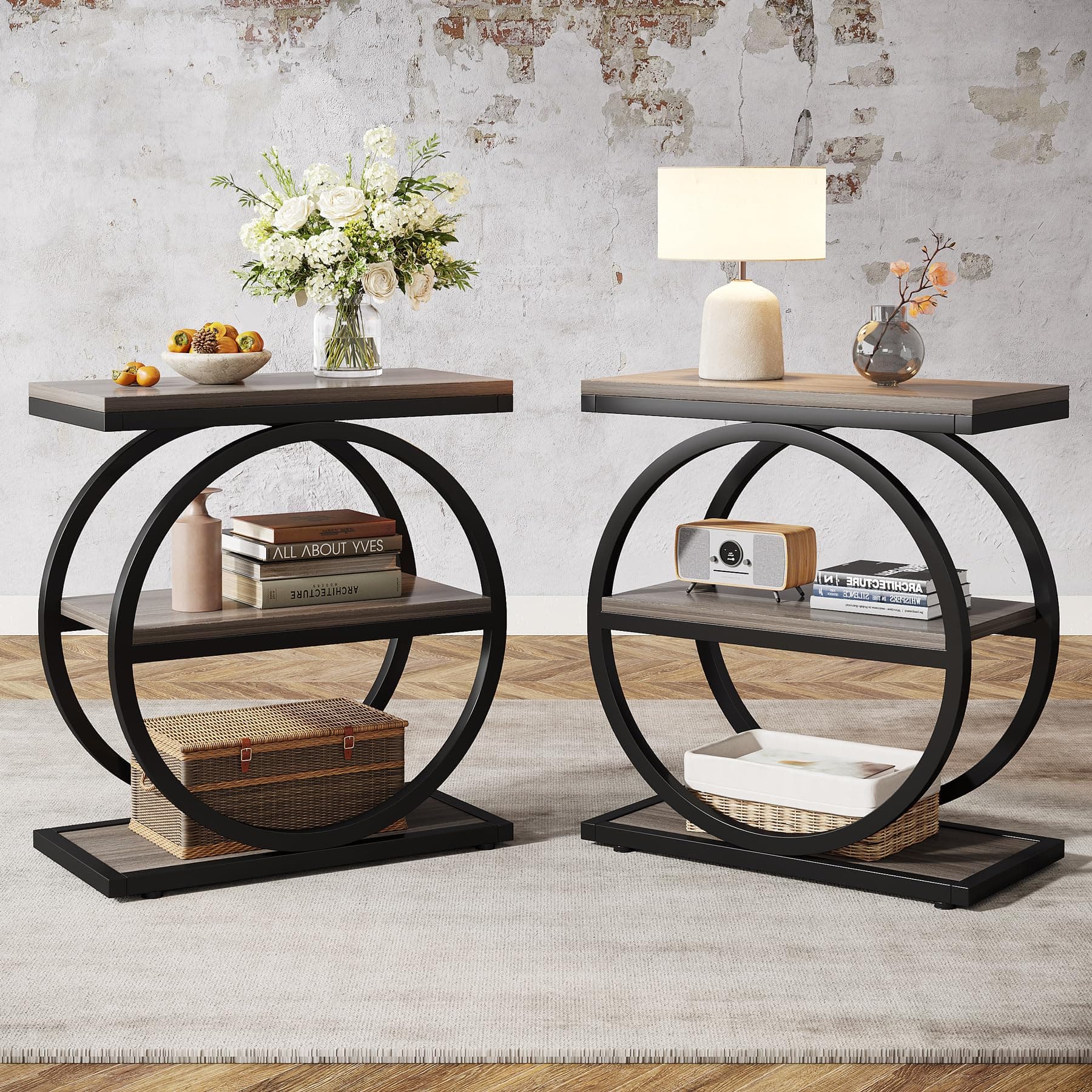 End Table Set of 2, Narrow End Table with 3 Storage Shelves, Wooden Side Table with Metal Frame, Small Sofa Side Table for Living Room, Grey Nightstand and Bedside Table for Bedroom