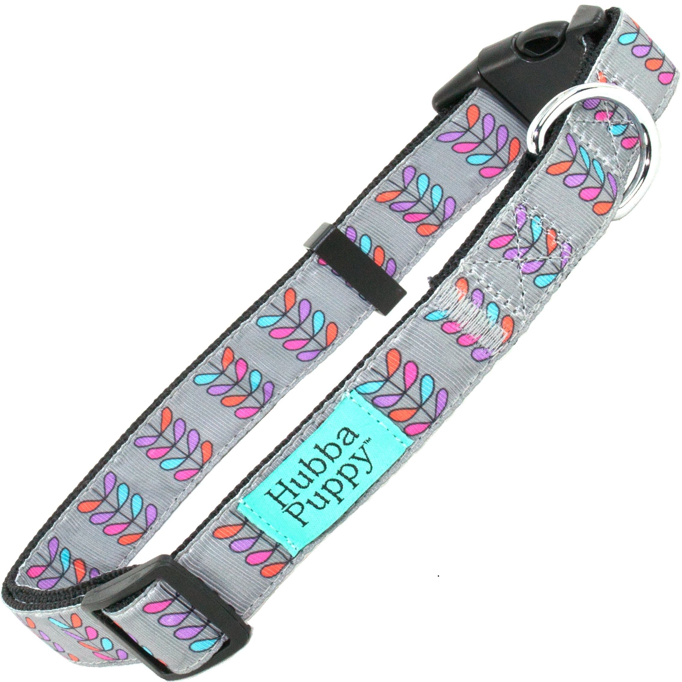 Retro Pretty Petals Nylon Dog Collar Adjustable Small/Medium/Large/X-Large, Small, Grey with Purple Teal Pink and Red