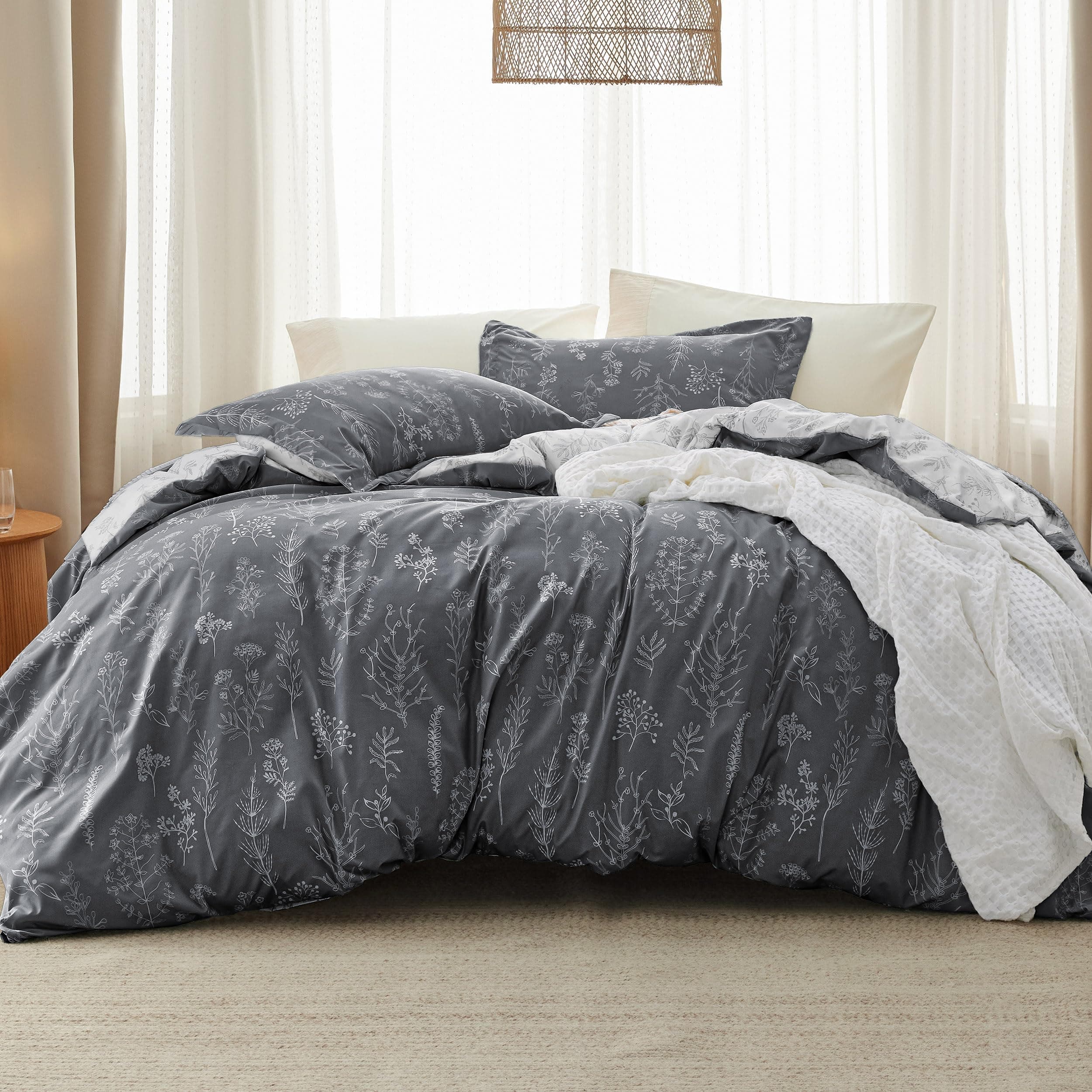 Bedsure Full Comforter Set - Dark Grey Comforter, Cute Floral Bedding Comforter Sets, Gifts for Woman, 3 Pieces, 1 Soft Reversible Botanical Flowers Comforter and 2 Pillow Shams
