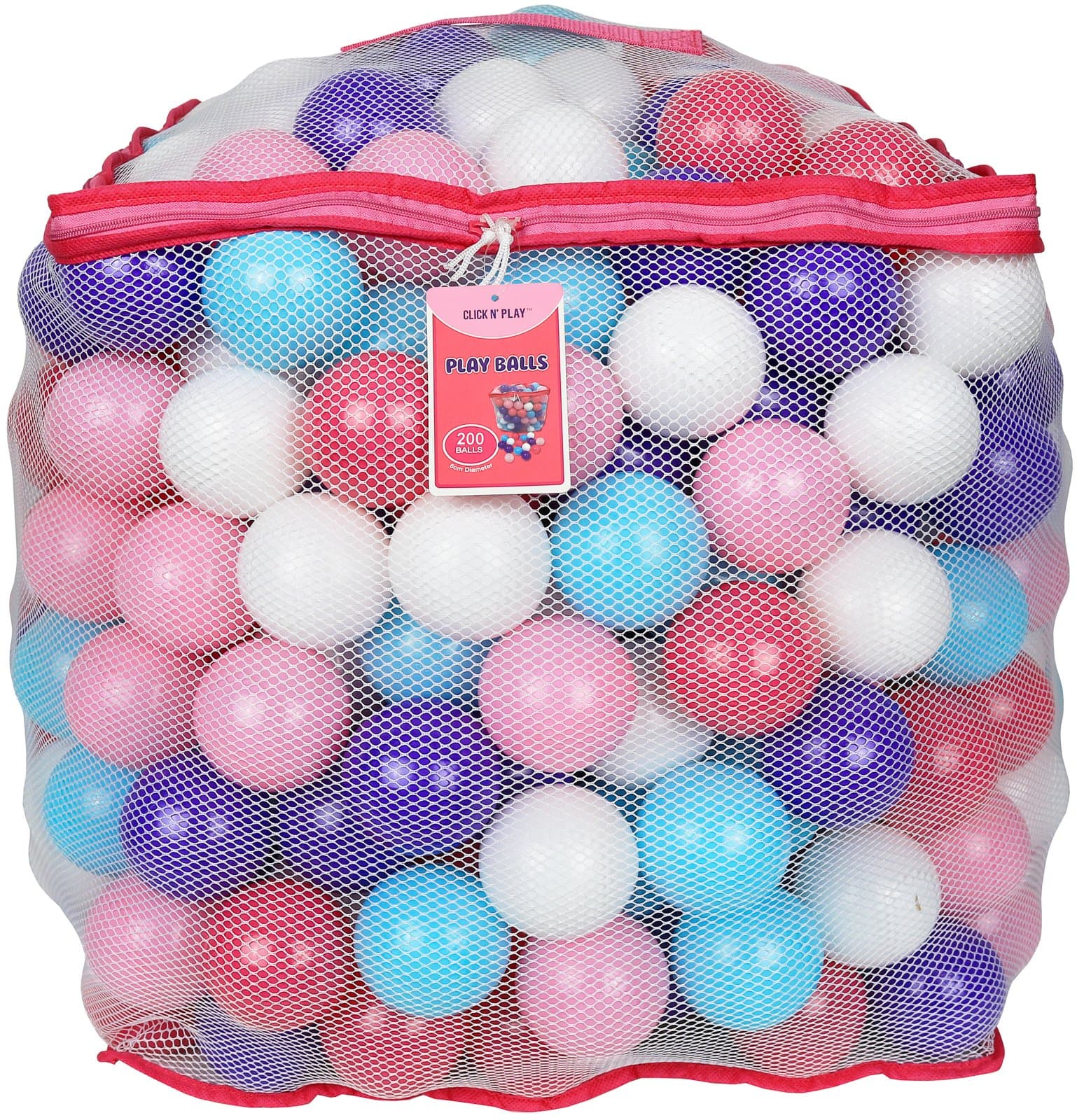 Click N' Play Value Pack of 200 Crush Proof Plastic Play Balls, Phthalate Free BPA Free, 5 Pretty Feminine Colors in Reusable Mesh Storage Bag with Zipper-Little Princess Edition