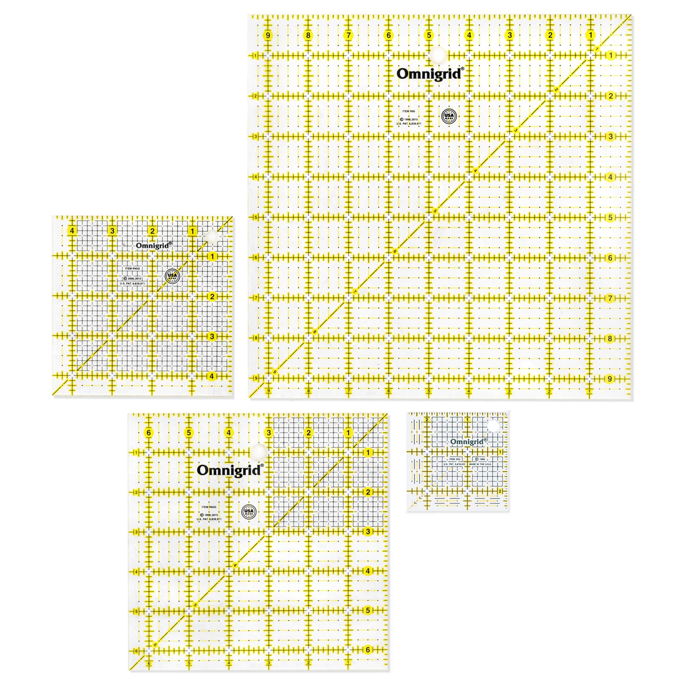 Omnigrid Square Value Pack (2-1/2", 4-1/2", 6-1/2", 9-1/2") Quilting Ruler, 2.5”, 4.5”, 6.5” and 9.5”, Clear, 4