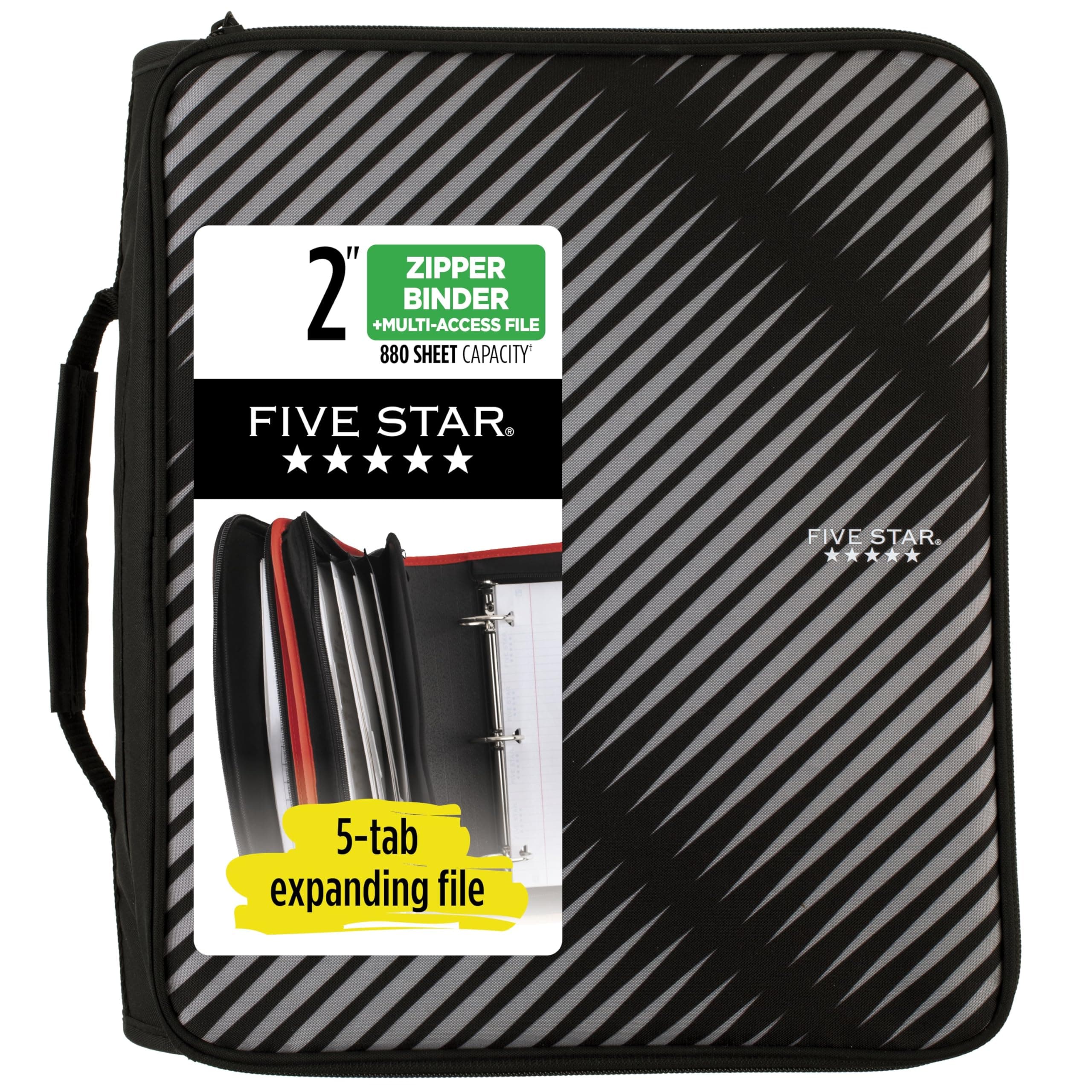 Five Star Zipper Binder, 2 Inch 3-Ring Binder for School, 6 Pocket Expanding File, 380 Sheet Capacity, Black (72536)