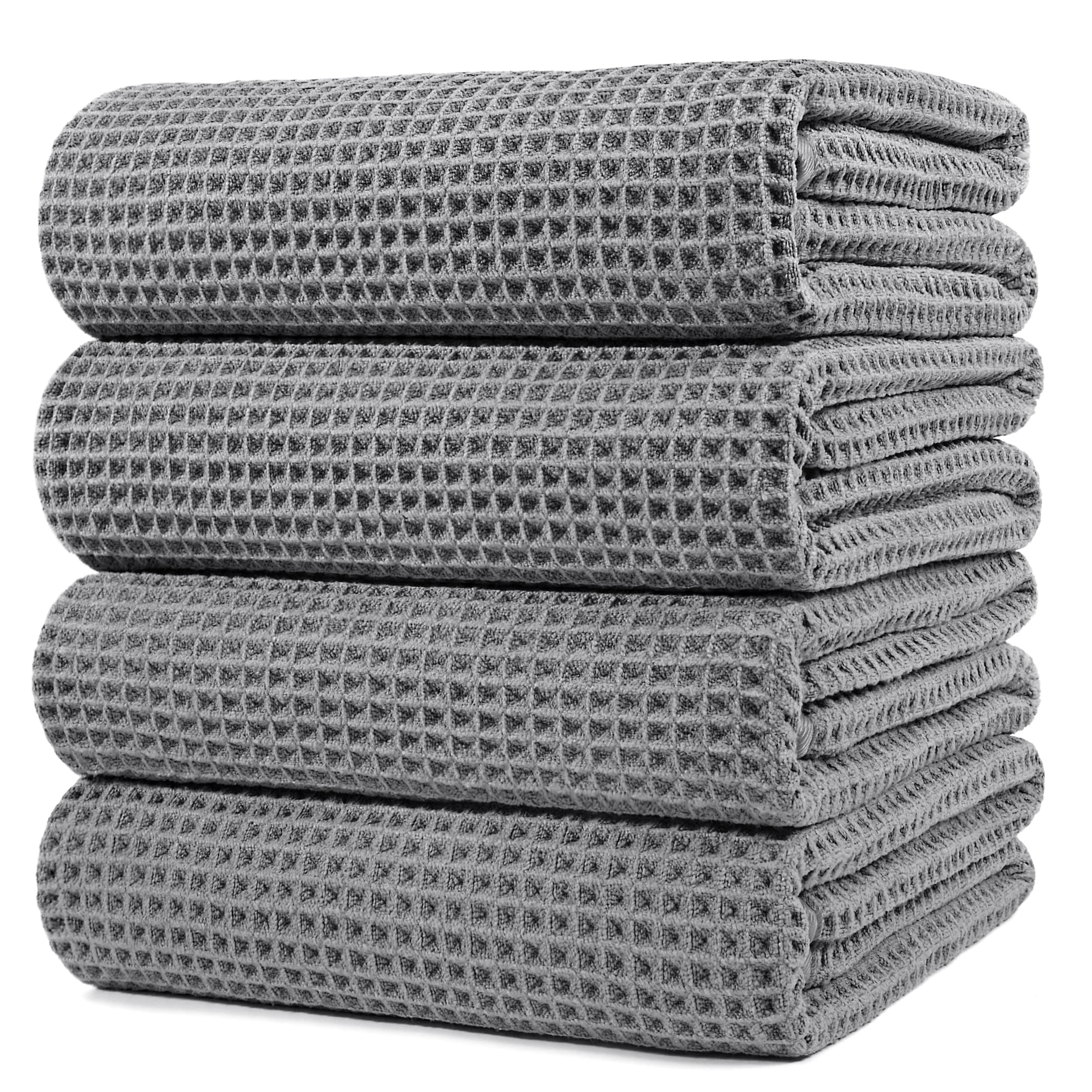 Microfiber Oversize Quick Dry Lint Free Bath Towel, 60 x 30 in, 4 Pack (Gray, Waffle Weave)
