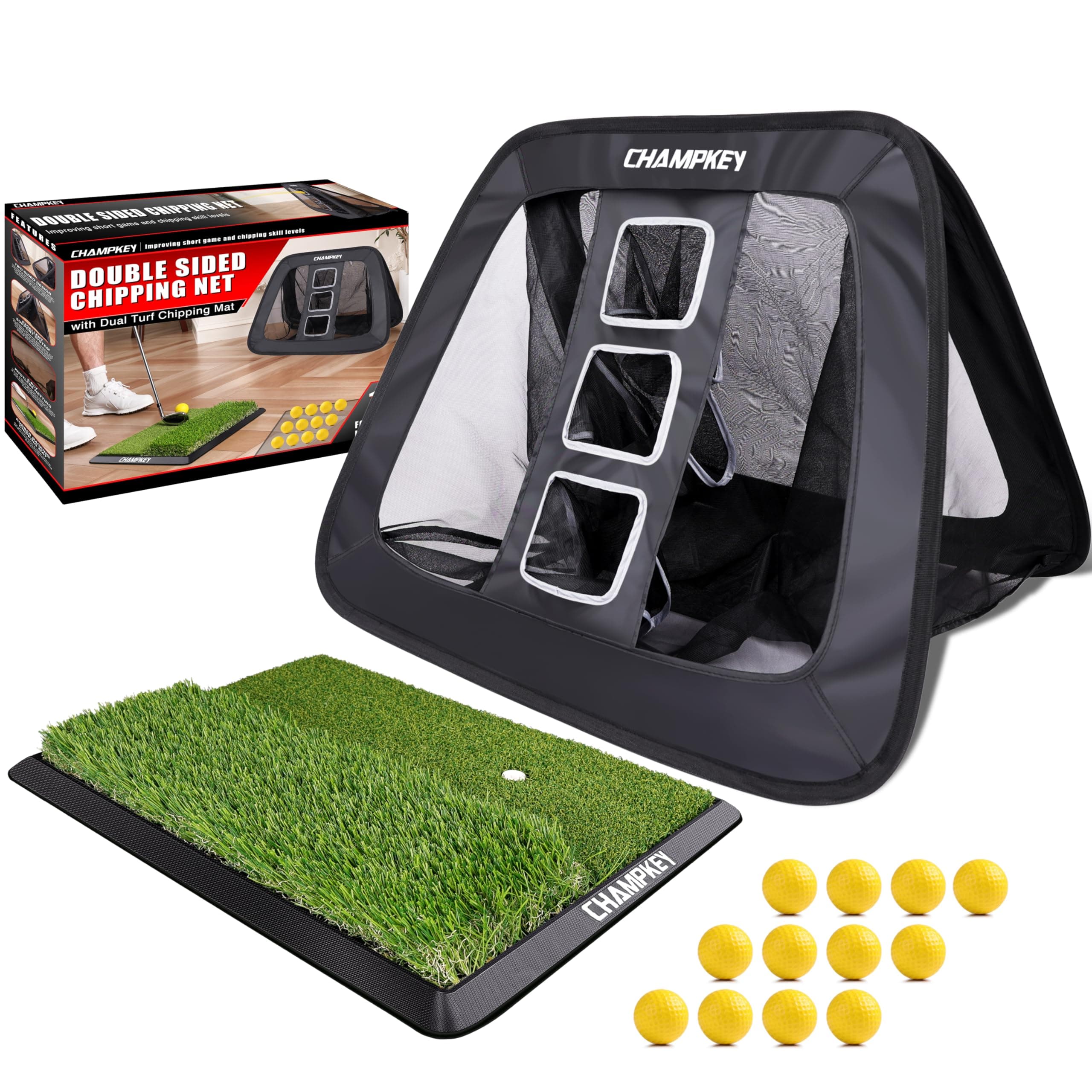 CHAMPKEY Double -Sided Golf Chipping Net with Mat and 12 Foam Balls - Professional Golf Practice Net Ideal for Indoor and Outdoor Training