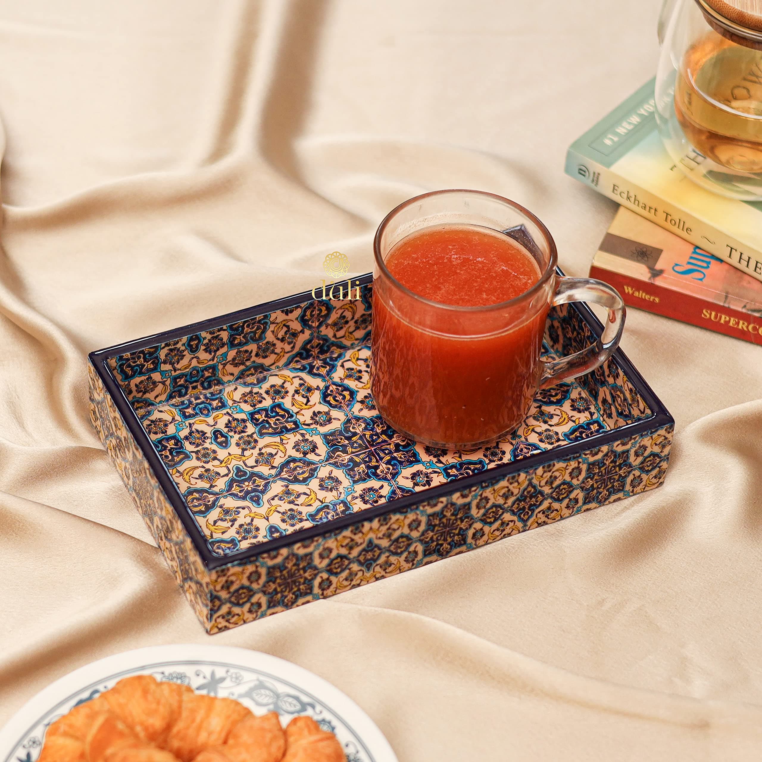 DULI Enamel Coated Multipurpose Tray in MDF | Serving Tray for Home & Dining Table | Multipurpose Tray | Water & Heat Resistant Durable (TurkishYellowBlue)