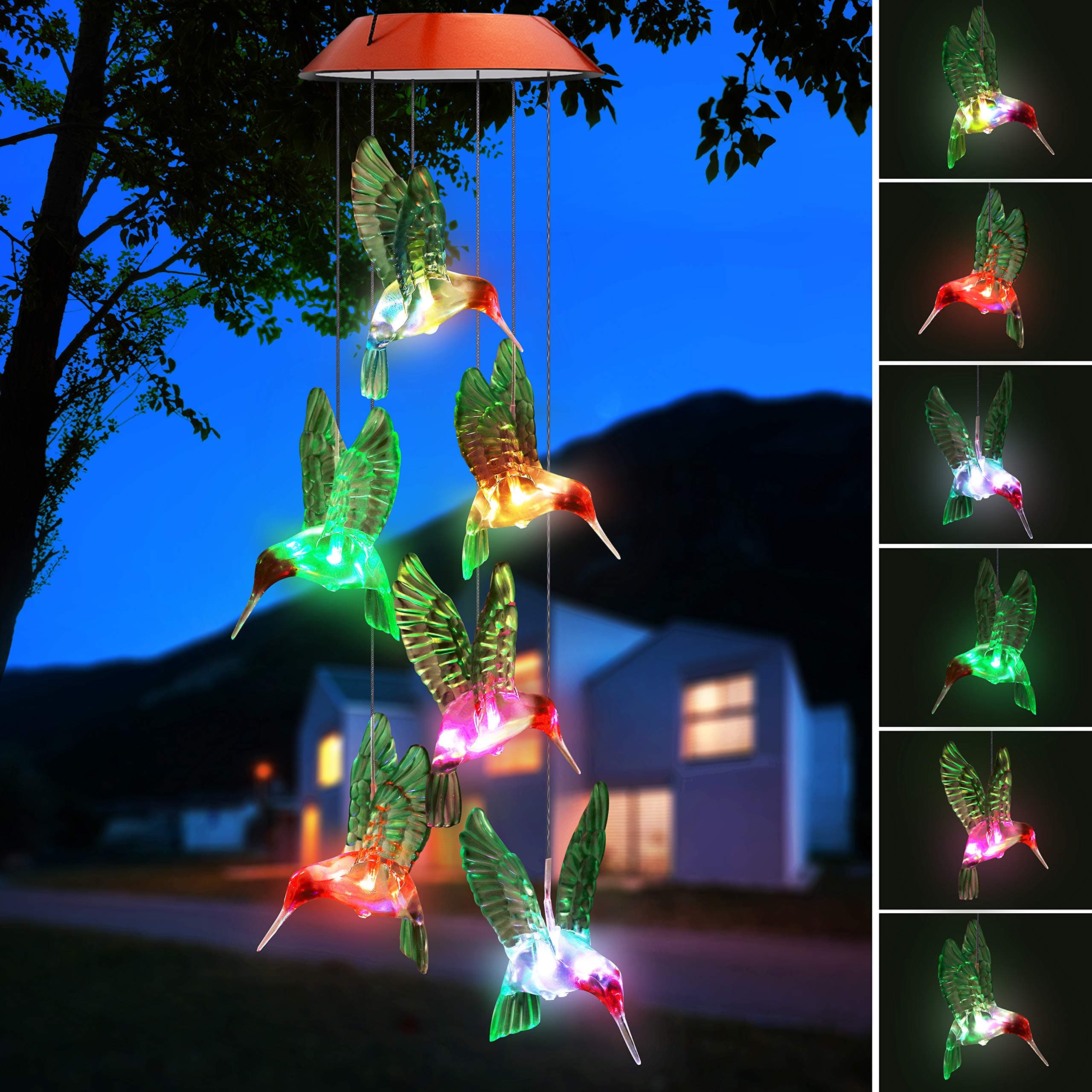 Topspeeder Color-Changing LED Solar Mobile Wind Chime LED Changing Light Color Waterproof Six Hummingbird Wind Chimes For Home Party Night Garden Decoration