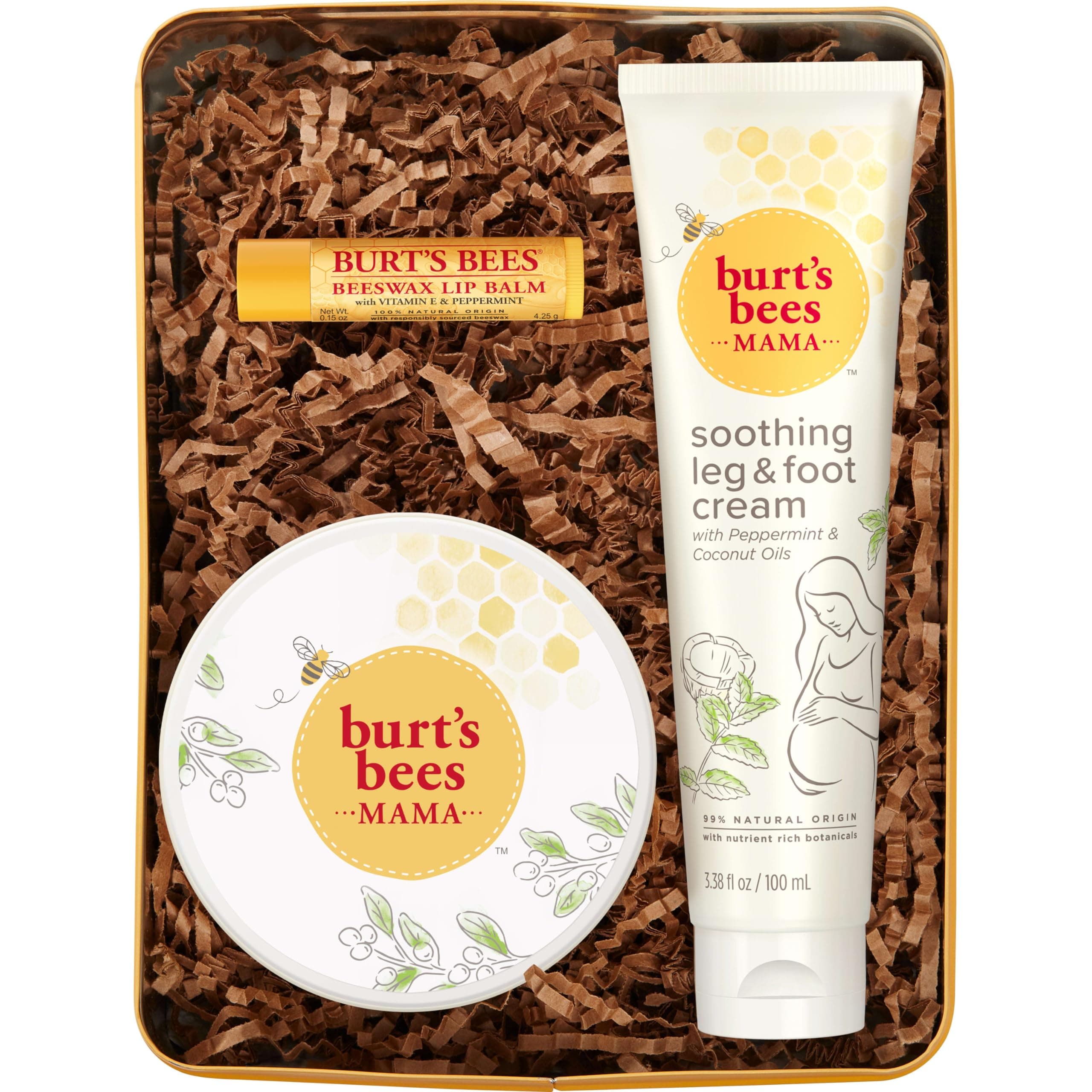 Burts Bees Mama Bee Gift Set with Tin, 3 Pregnancy Skin Care Products - Leg & Foot Cream, Belly Butter and Original Beeswax Lip Balm