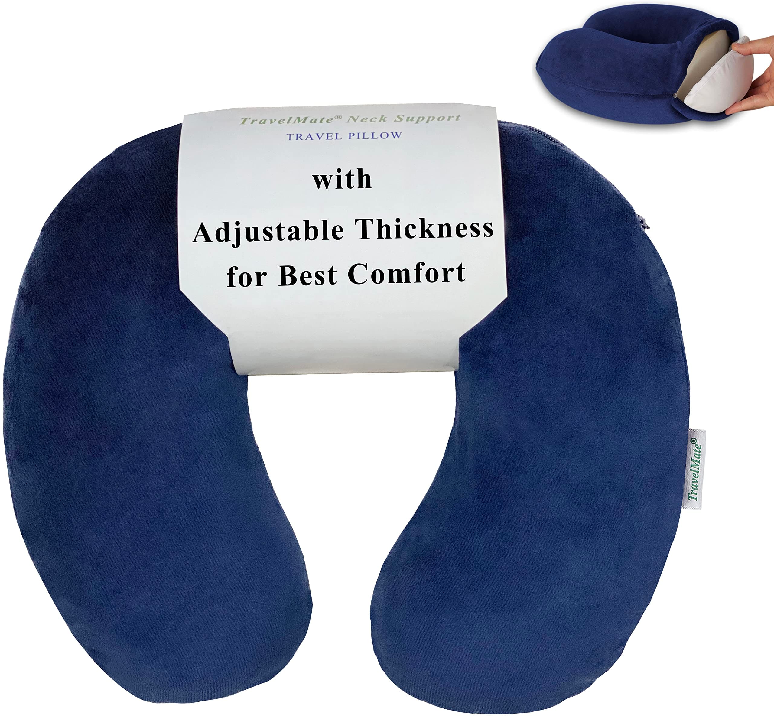 Memory Foam Neck Pillow - Adjustable Thickness for Best Comfort, Dark Blue