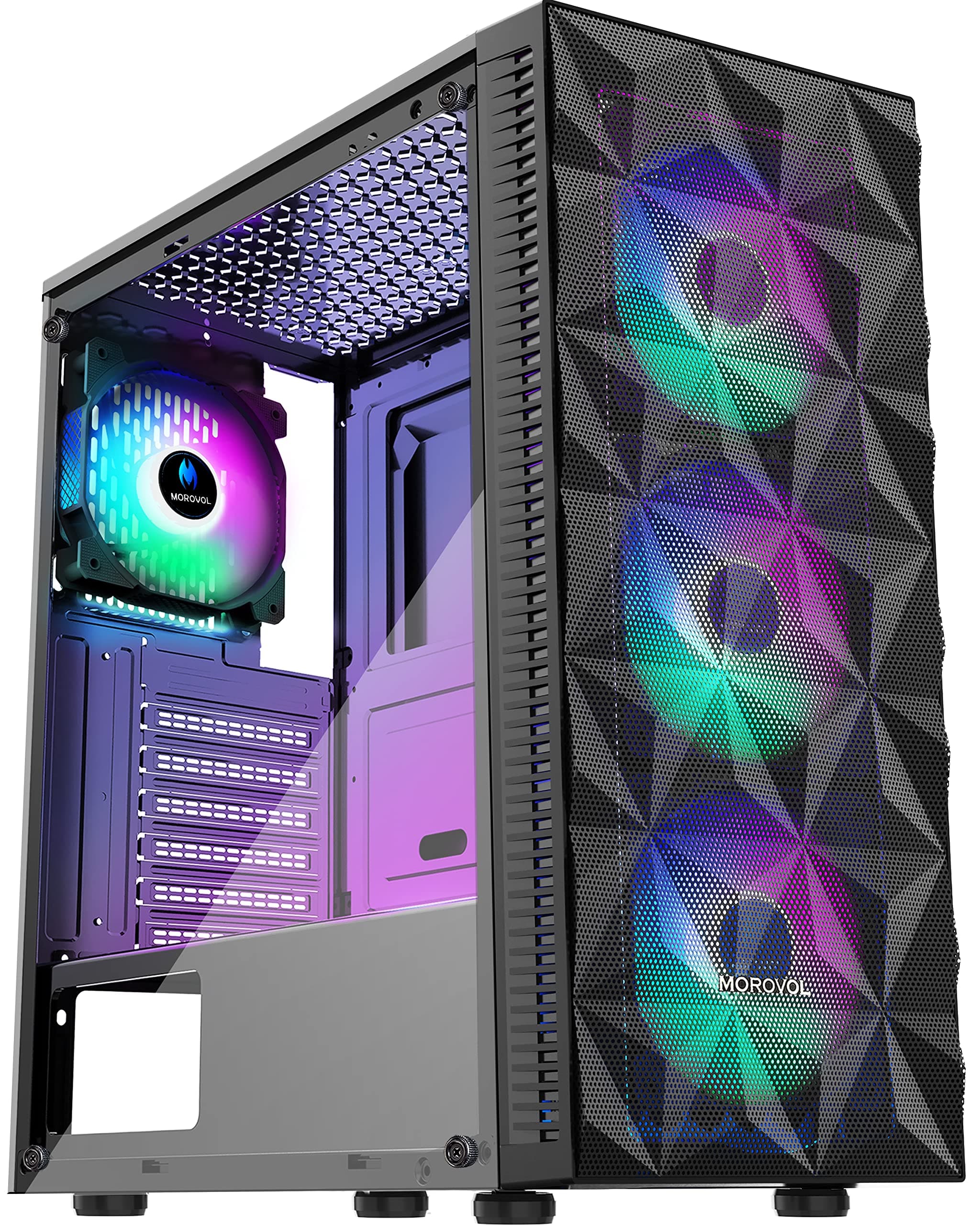 PC Case Pre-Install 4 RGB Fans, ATX Gaming Computer Case with Diamond-Shaped Mesh Front & Tempered Glass Side Panel, USB 3.0 Airflow Mid Tower case,621