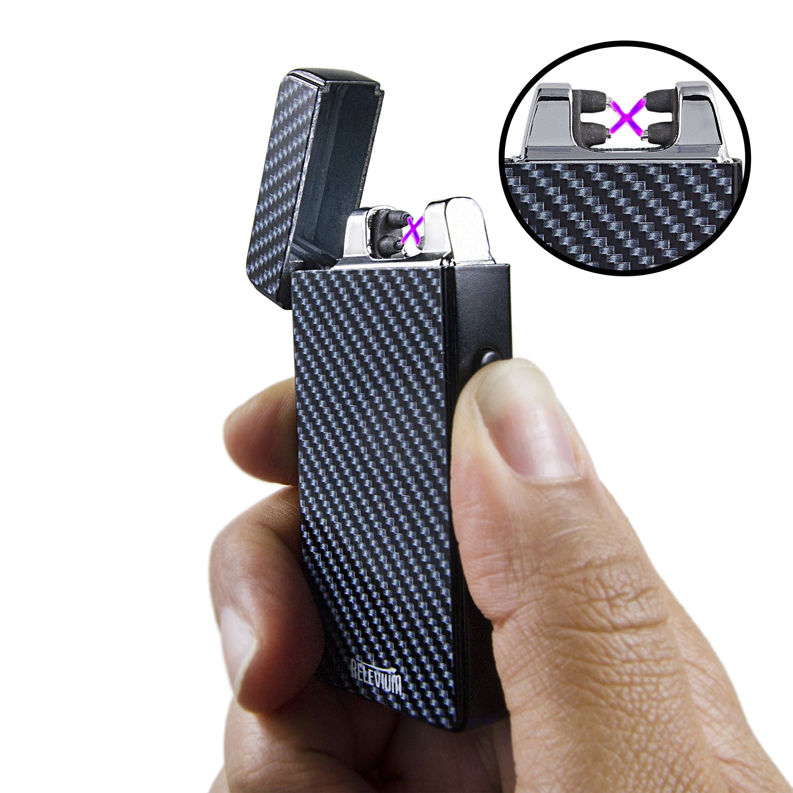 Dual Arc Lighter by Relevium Plasma Beam Technology USB Rechargeable Windproof Electric Lighter for Cigarettes, Camping, Fire Starting - Stronger Arc (Carbon Fiber Print)