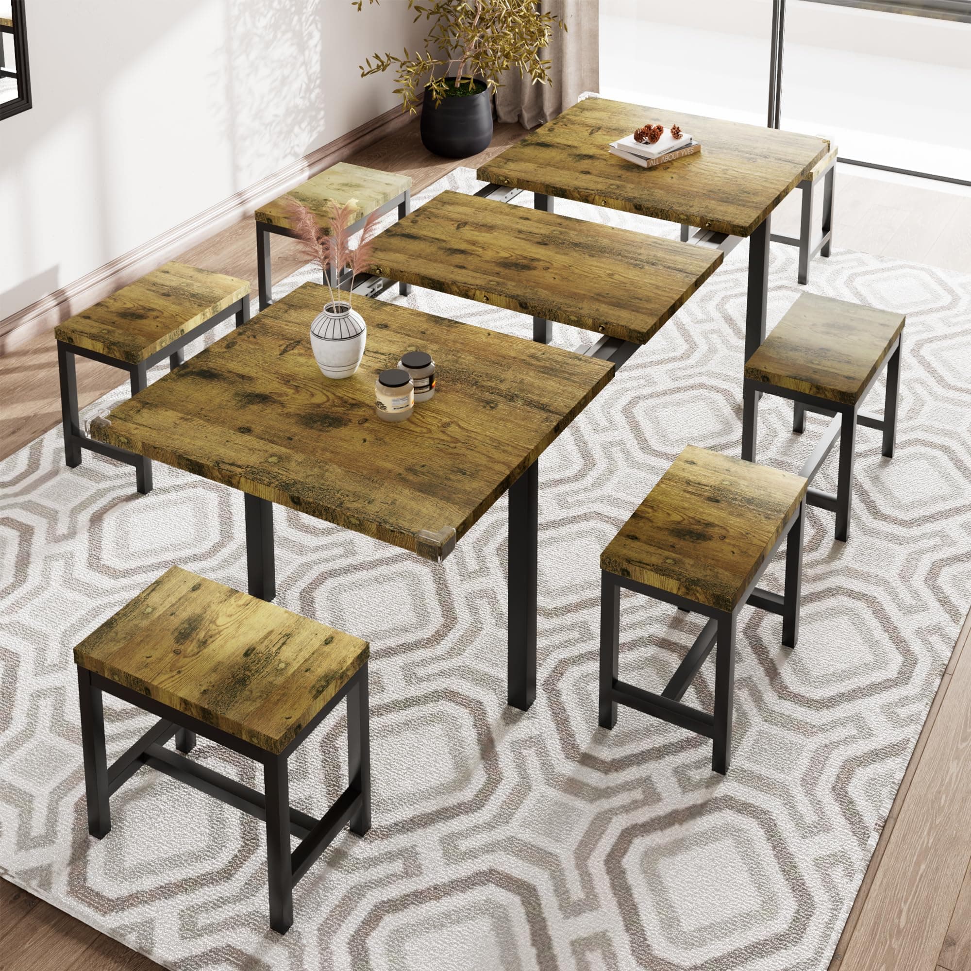 iPormis 7-Piece Dining Table Set with 6 Stools, 63" Extendable Kitchen Table Set for 4-8, Modern Dining Room Table with Sturdy Metal Frame, Space-Saving Dinette, Rustic Brown
