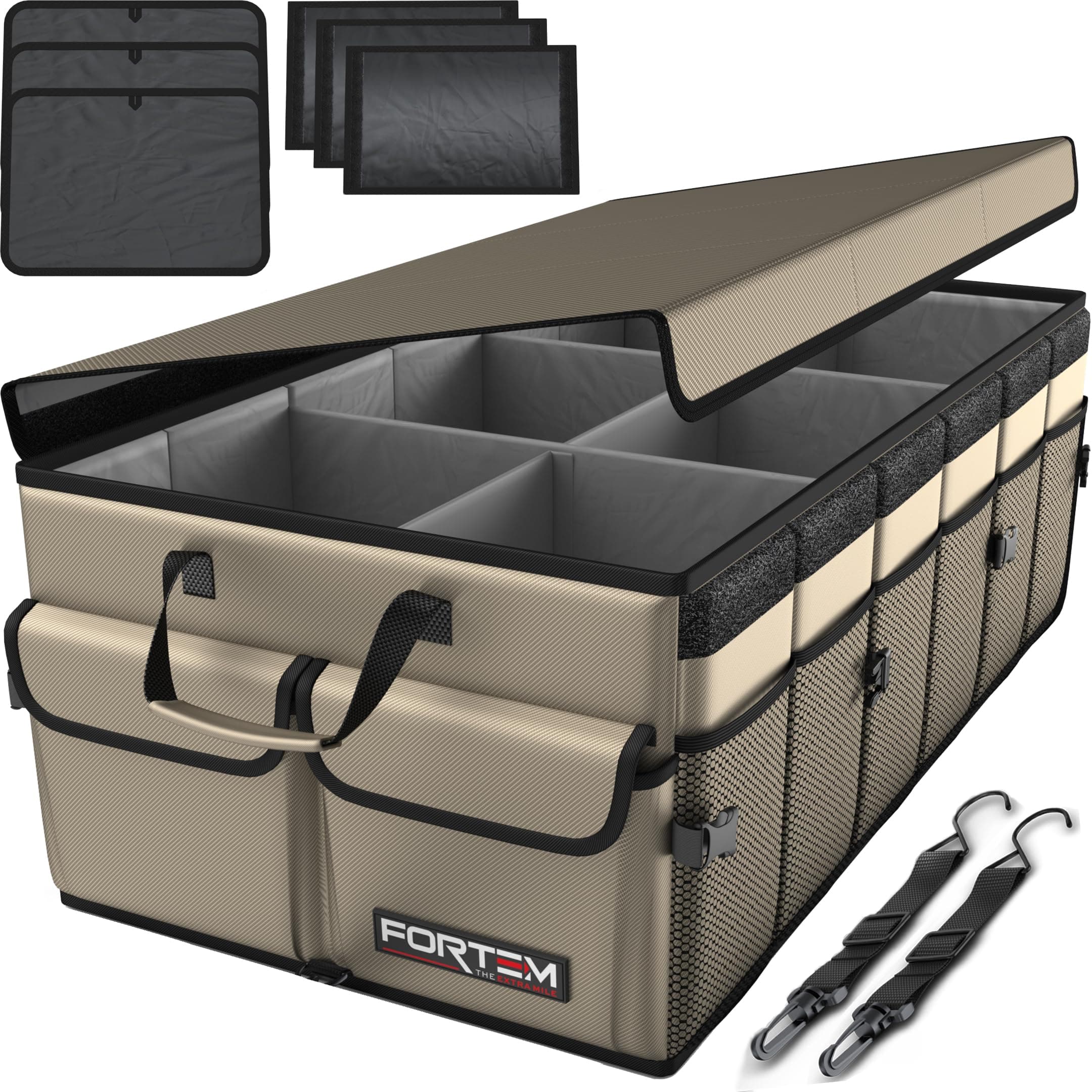 FORTEM Car Boot Organiser, Collapsible Multi Compartment SUV Organizer, Foldable Storage for Car Accessories for Women Men, 600D Oxford, Non Slip Bottom, Securing Straps, Soft Cover (85L)