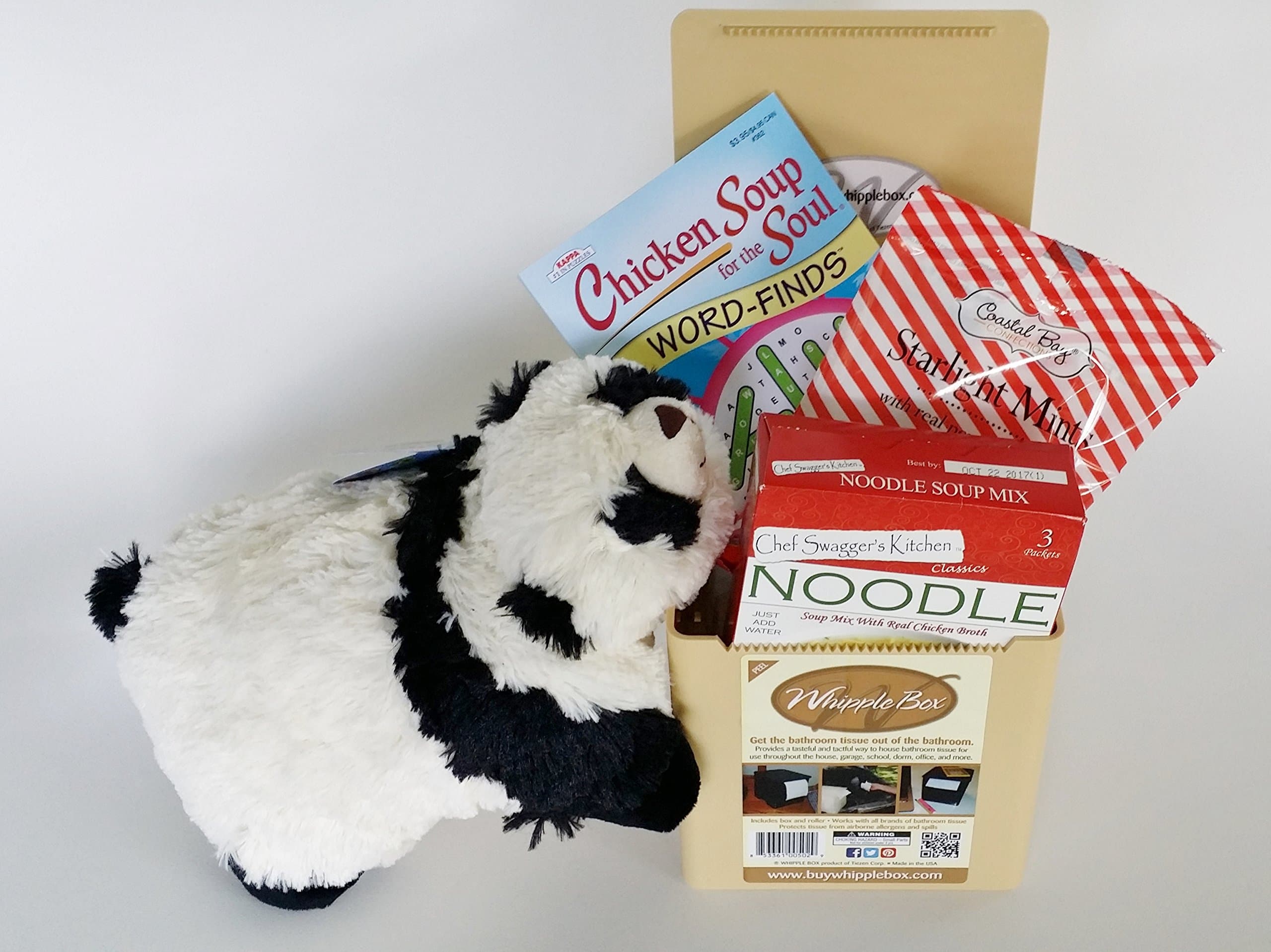 Snuggle up & Get Well - Gift Includes: Pee-wees Pillow Pet, Chicken Noodle Soup, Word-find Puzzle, Mints, Whipple Box and Tissue Roll (Comfy Panda)