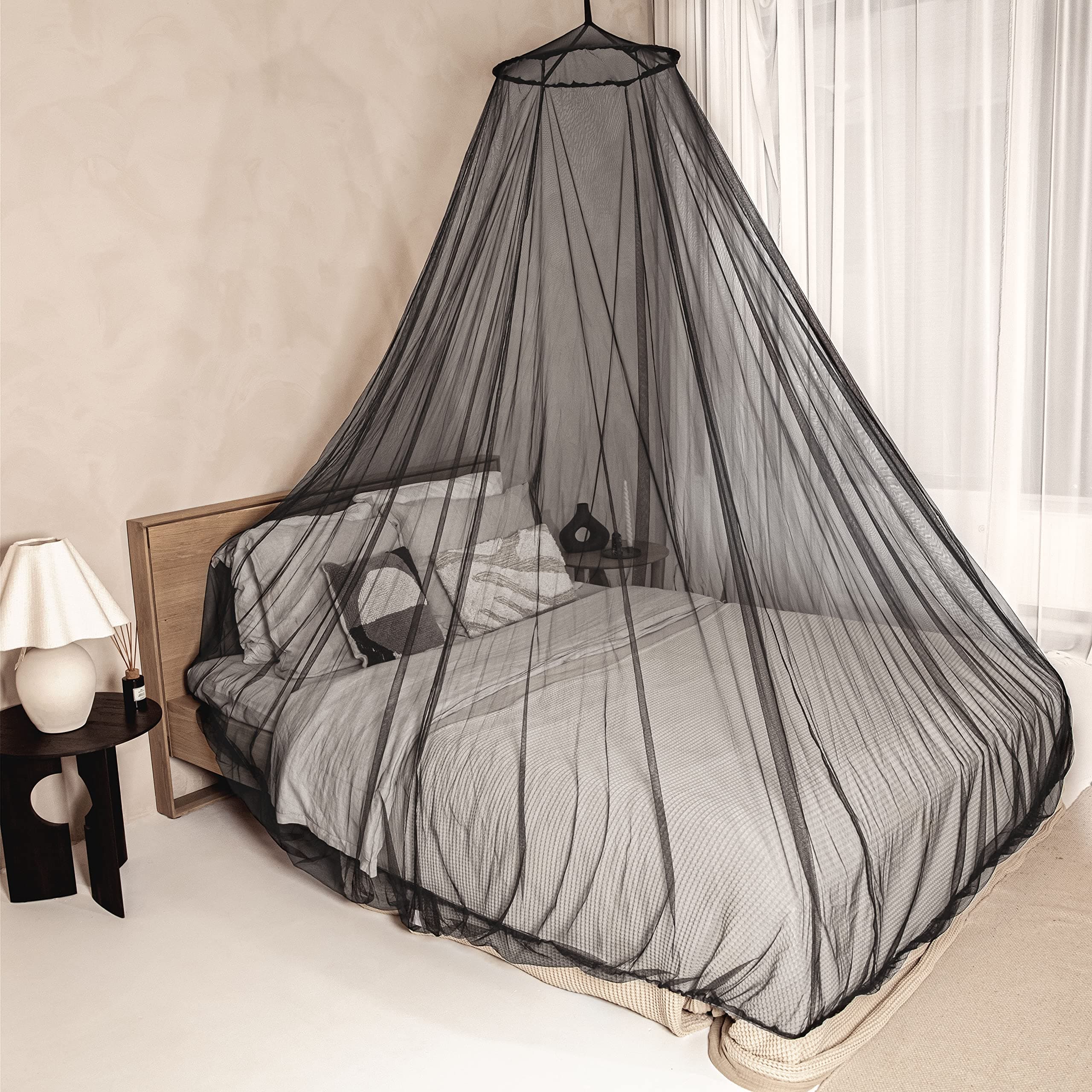 Black Mosquito Net for Single to King-Sized Beds – 2 Openings or Fully-Enclosed Bed Canopy – Conical Design for Decoration or Travel – Free Bag & Hanging Kit for Easy Setup