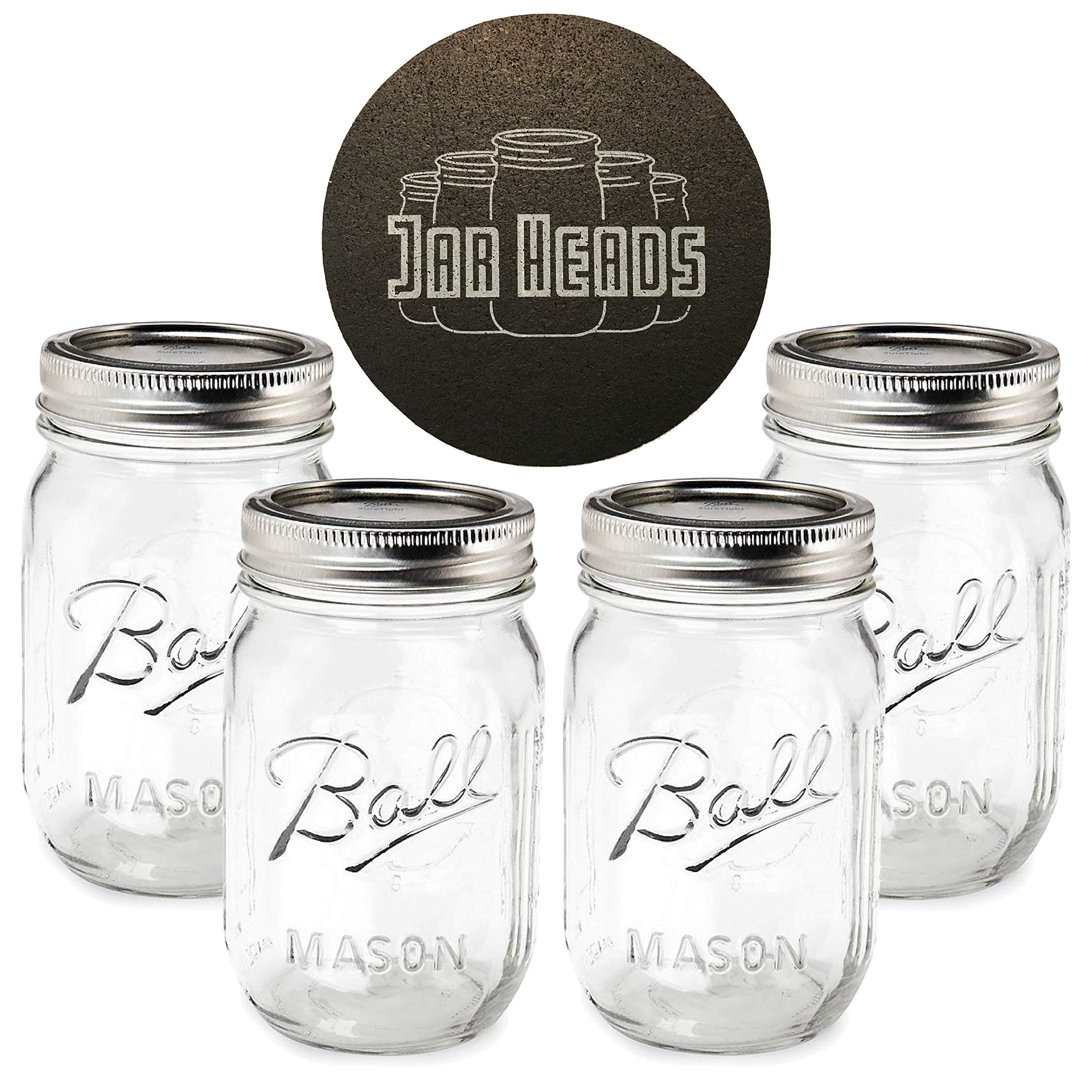 Ball Mason Jars 16 oz Bundle with Non Slip Jar Opener- Set of 4 16 Ounce Size Mason Jars with Regular Mouth - Canning Glass Jars with Lids, Heritage Collection