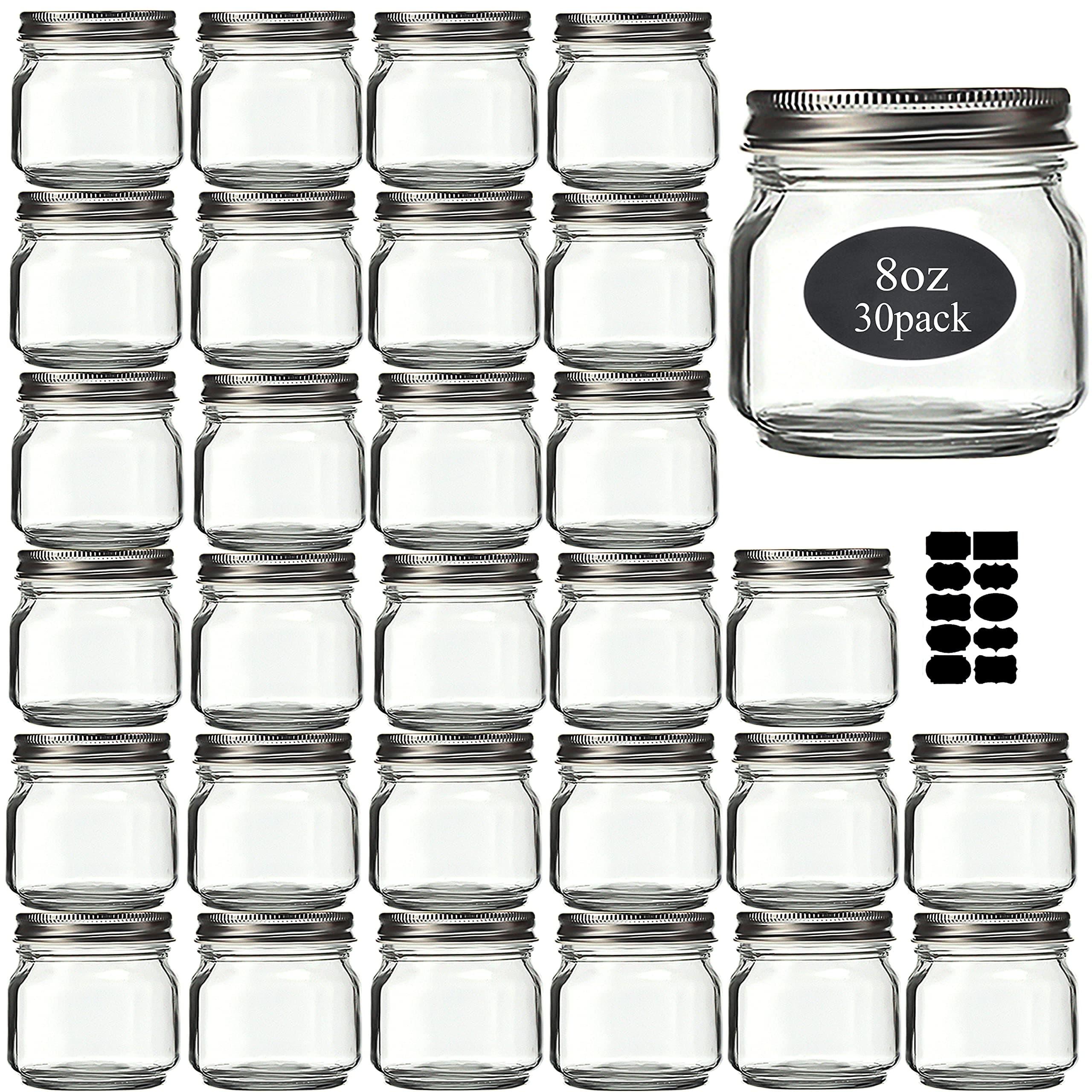 Mason Jars 8 oz 30 Pack- Small Mason Jars With Silver Lids -1/4 Quart Canning Jars| Storage Glass Jars With Lids For Jelly, Jam, Honey, Pickles - Spice Glass Jars - With 30 Chalkboard Labels