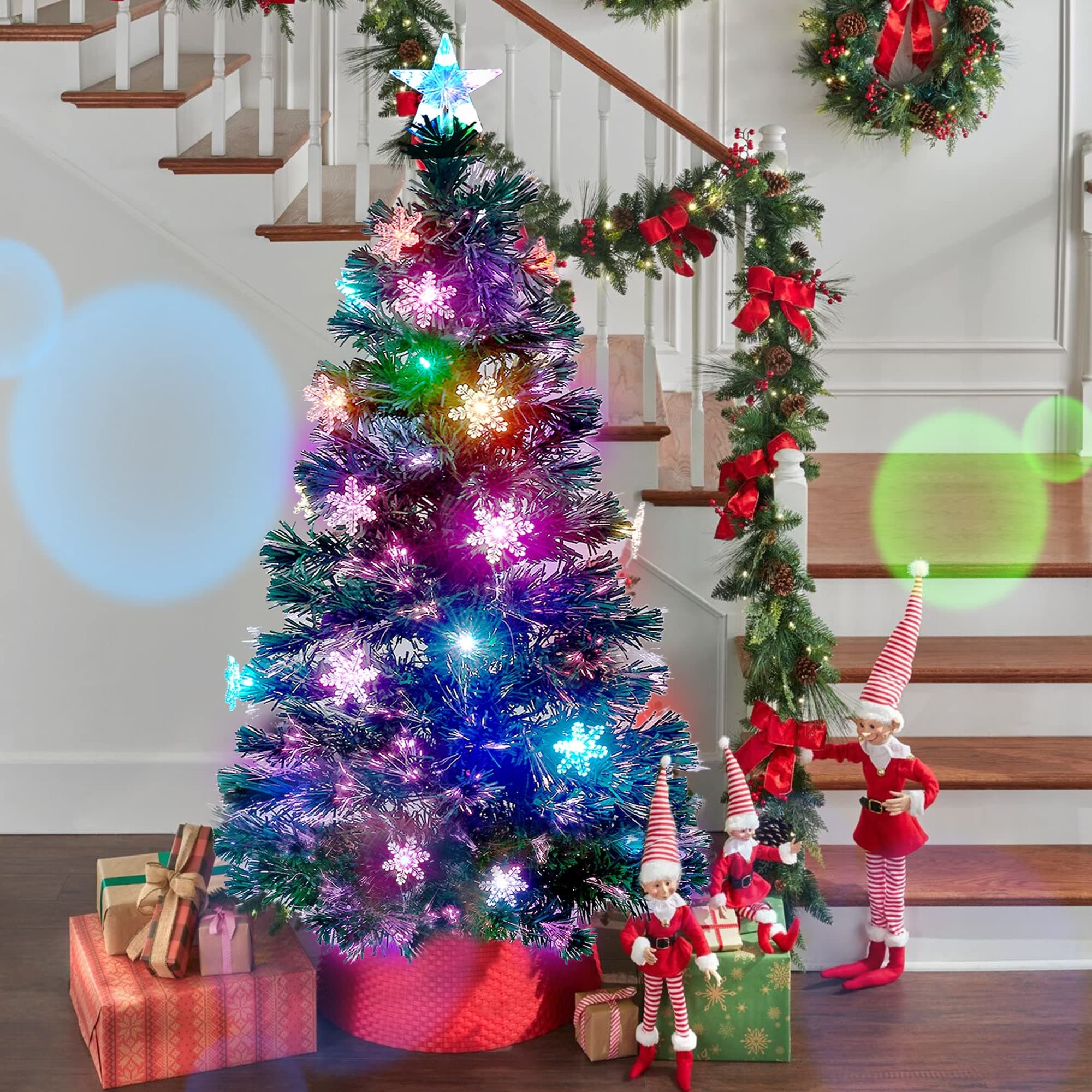 5 ft Pre-Lit Artificial Christmas Tree, Lighted Optical Fiber Xmas Trees with RGB Color Changing LED Lights, Snowflakes & Top Star, Festive Party Holiday Fake Multicolored Tree with Metal Legs