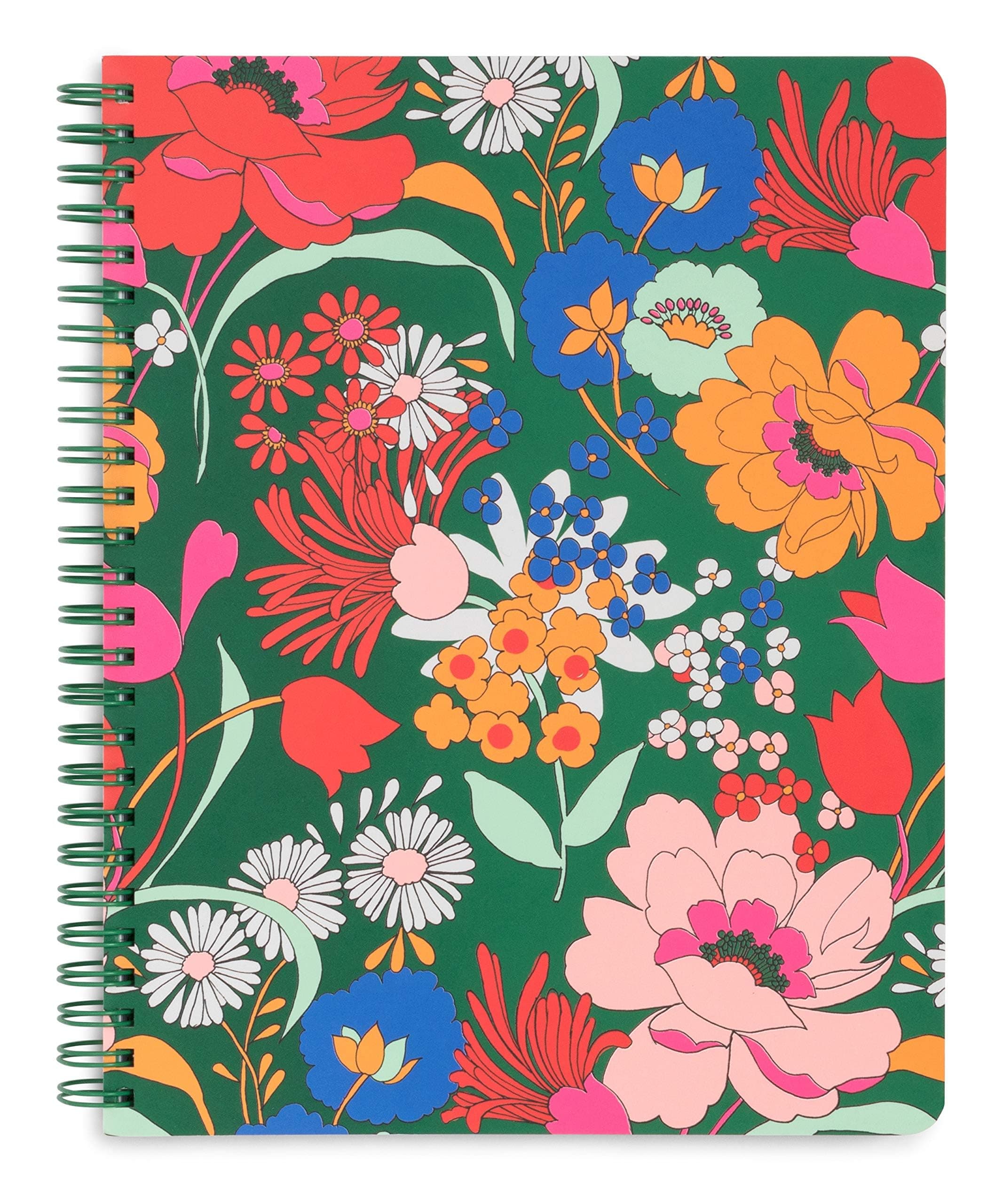 Green Floral Rough Draft Mini Spiral Notebook, 9" x 7" with Pockets and 160 Lined Pages, Superbloom