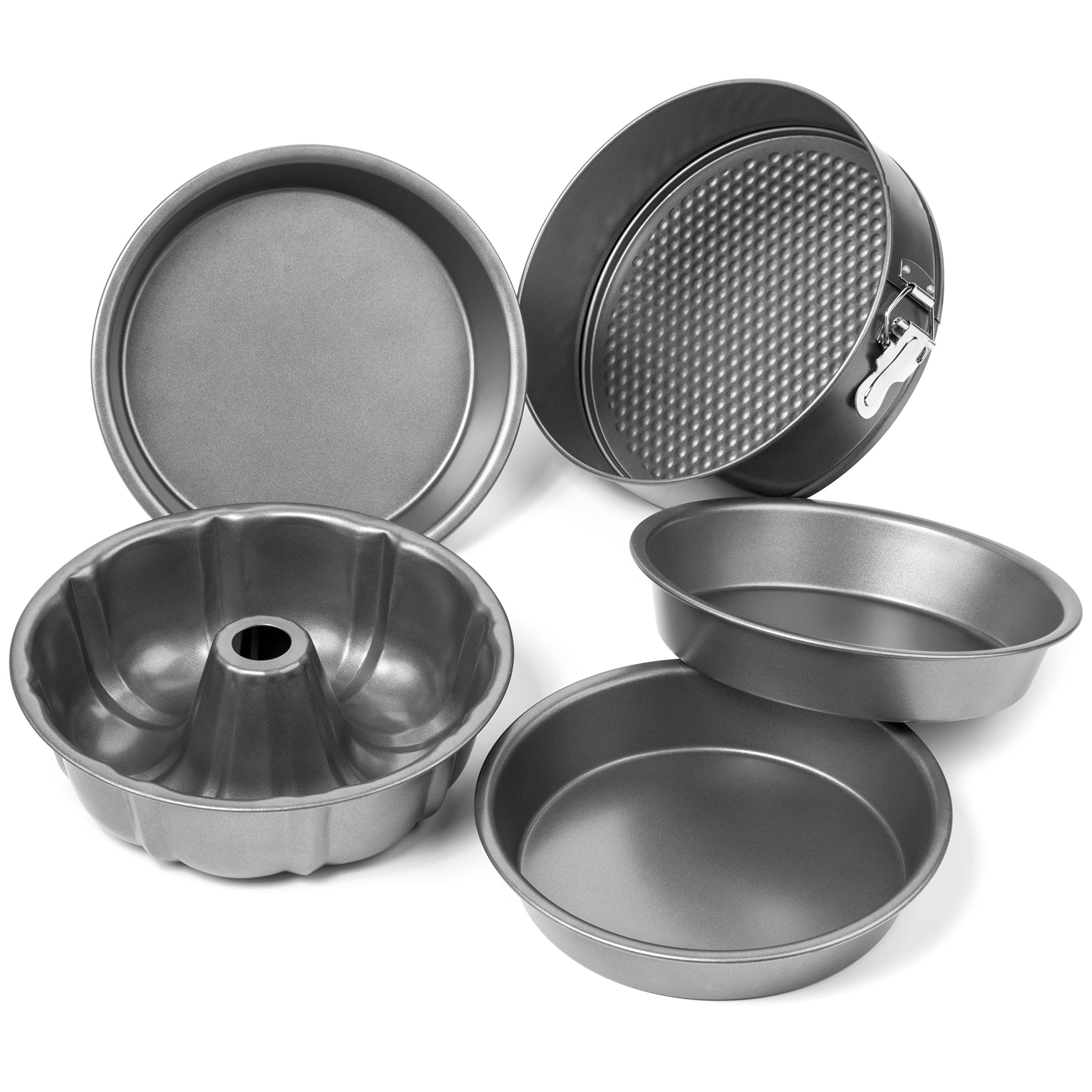 Elite Bakeware 5 Piece Nonstick Cake Pans Set with 9 Inch Round Cake Pans, 9 Inch Spring form Cake Pan and 10 In Bundt Cake Pan