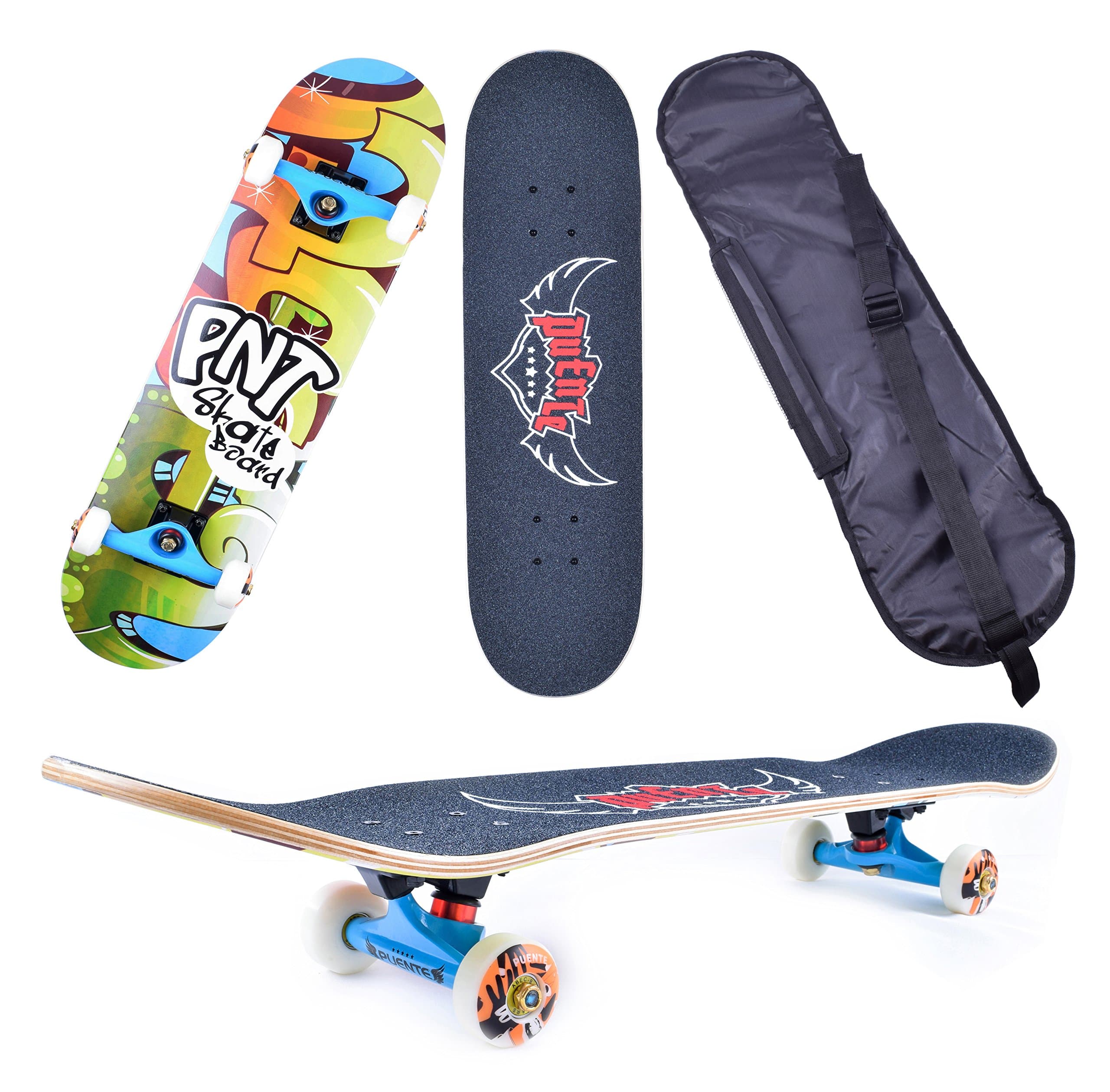 Puente Pro Maple Pre-Assembled Scrawl Style Complete Skateboard Adds Gift of Longboard Bag
