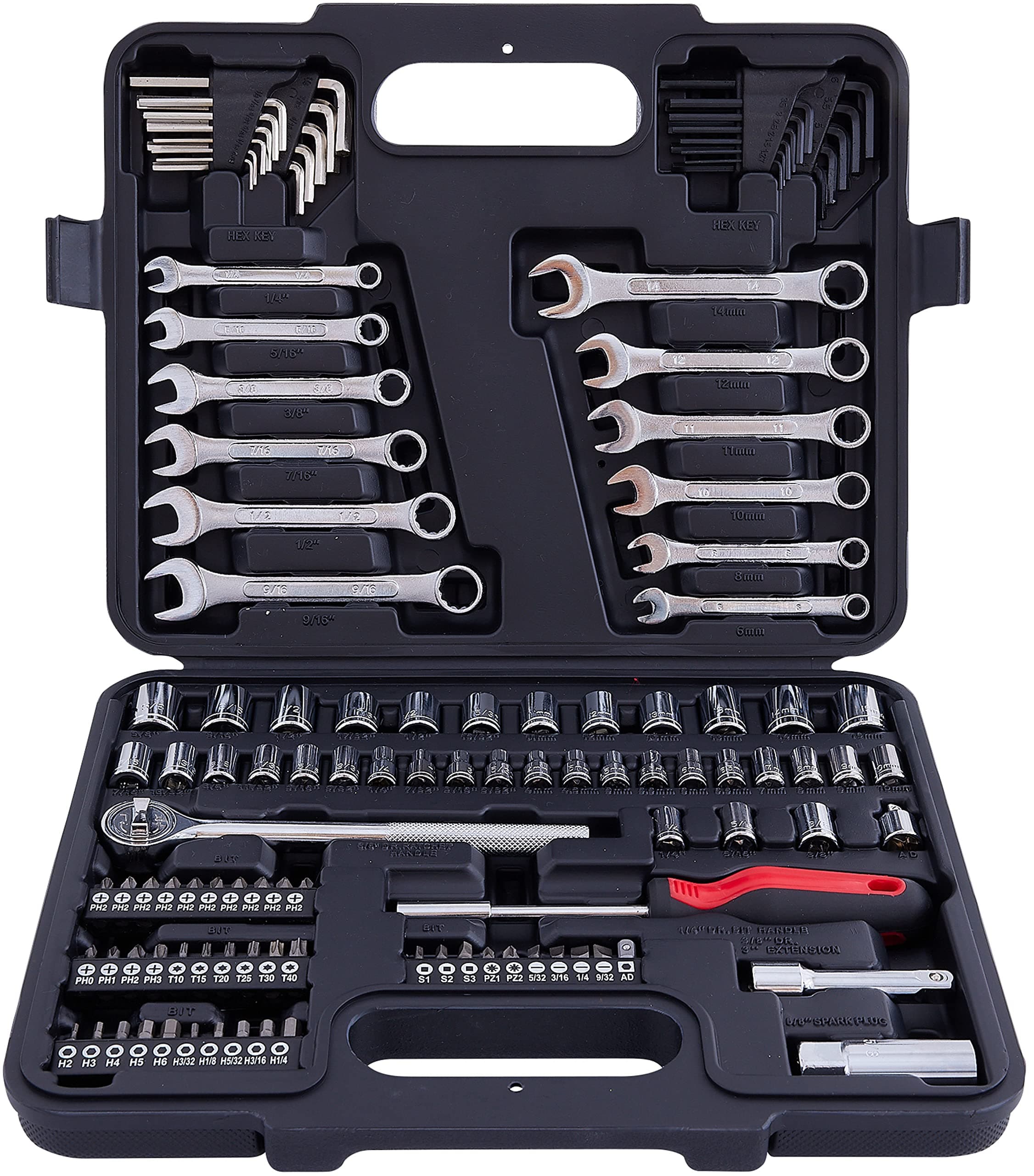 MECHMAX 121 Piece Mechanic Tool Set, 1/4 & 3/8 Inch Drive Metric & Standard Socket Wrench Kit, for General, Home, Car, Mechanics, Automotive Repair Tool Kit and as A Gift