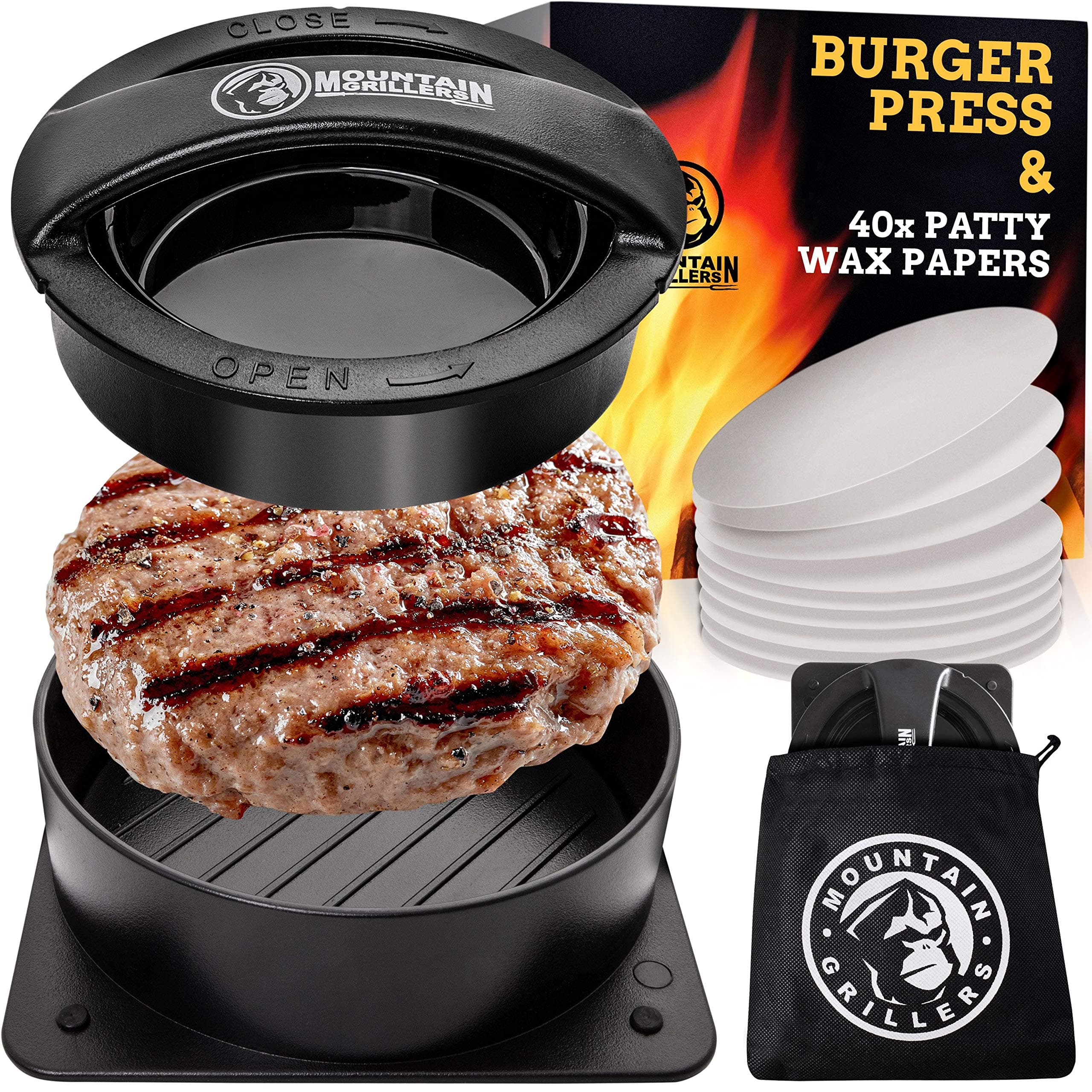MOUNTAIN GRILLERS Burger Press - Non Stick Stuffed Burger Maker, Regular & Perfect Shaped Patties, Bonus 40 Wax Papers