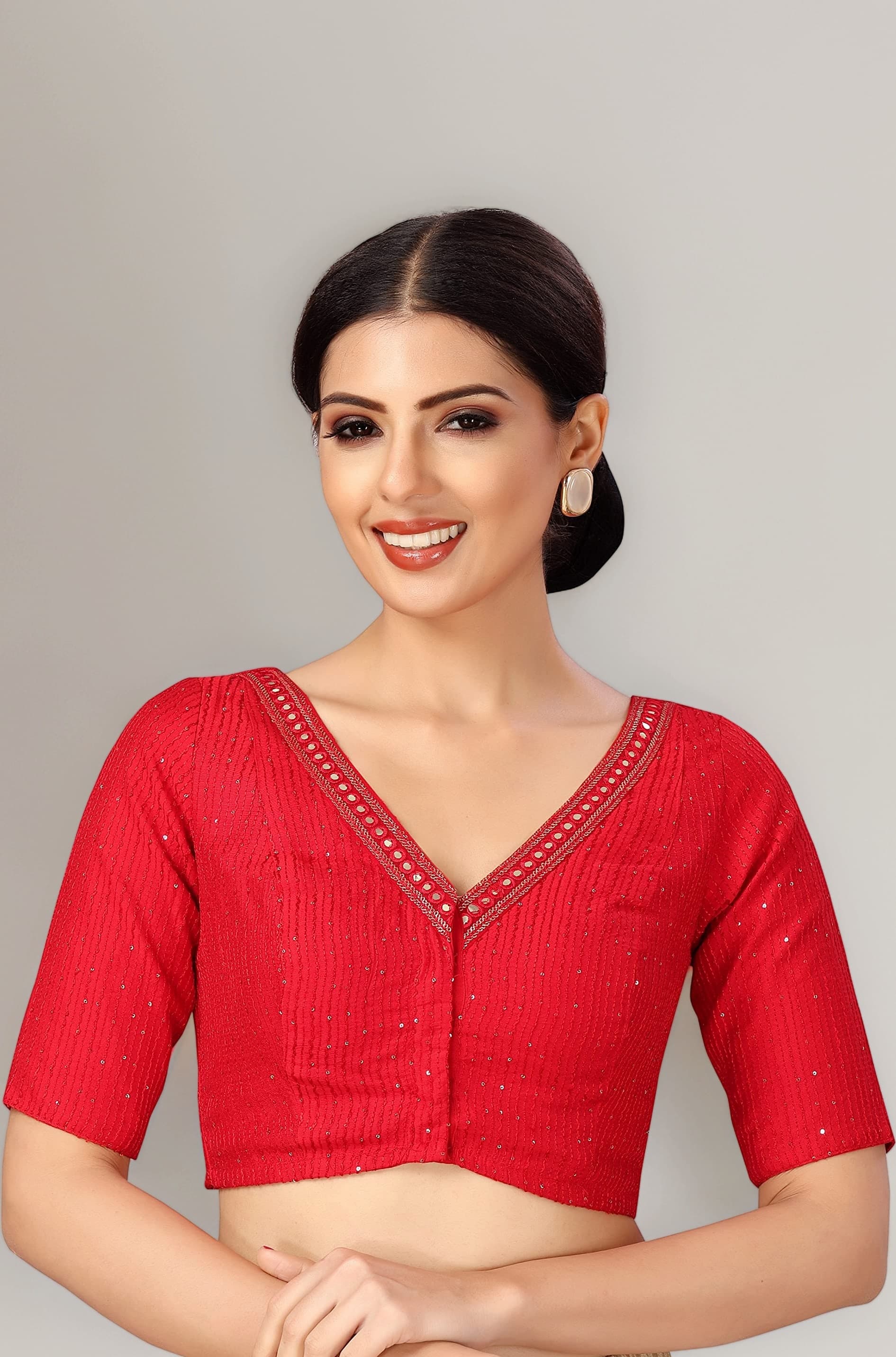 Studio Shringaar Women's Readymade Polyester Elbow Length Sleeves Saree Blouse with Mirror Work